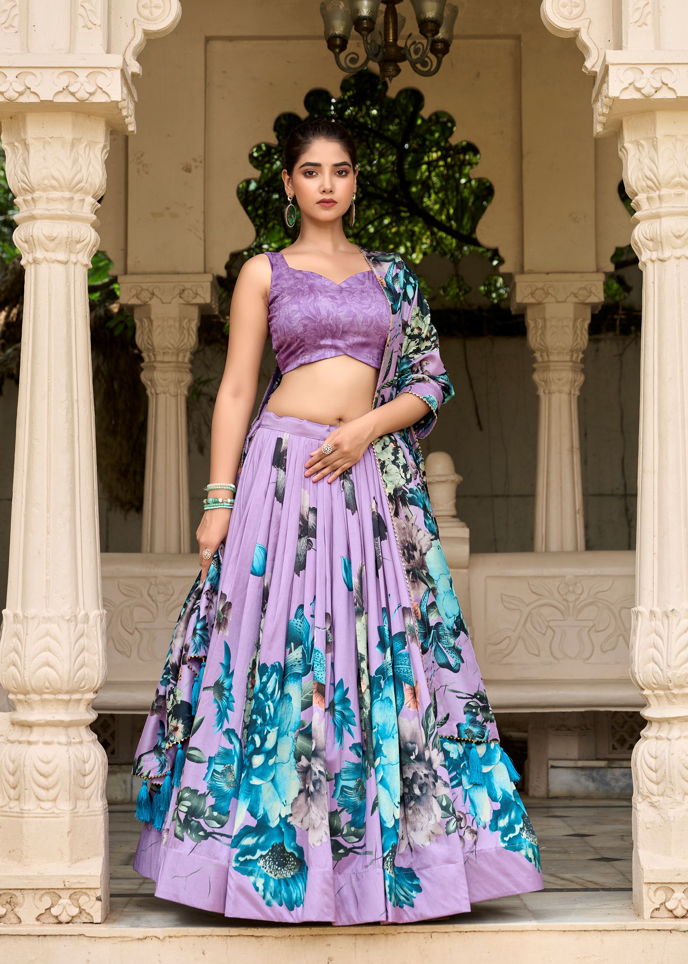Lavender Tussar Silk Lehenga with Floral Print & Lace Grace