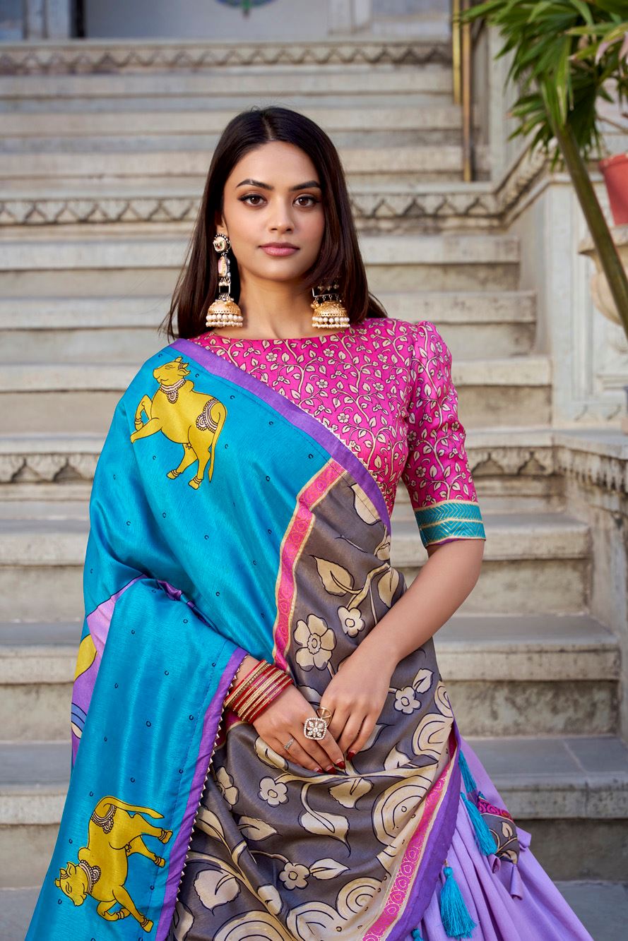 Lavender Tussar Silk Lehenga with Kalamkari Print and Elegant Foil Work Accents