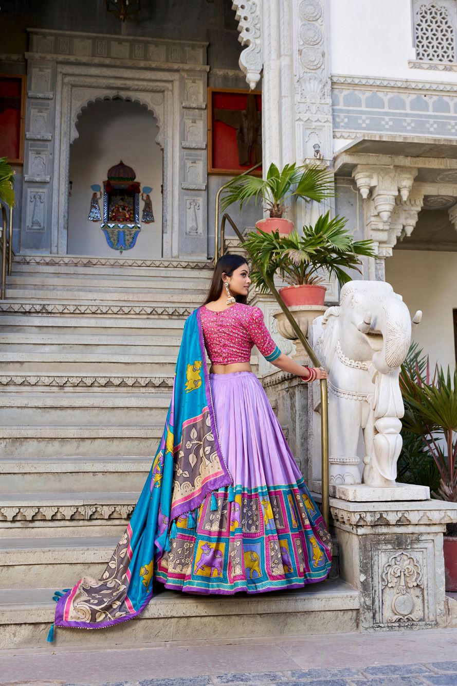 Lavender Tussar Silk Lehenga with Kalamkari Print and Elegant Foil Work Accents