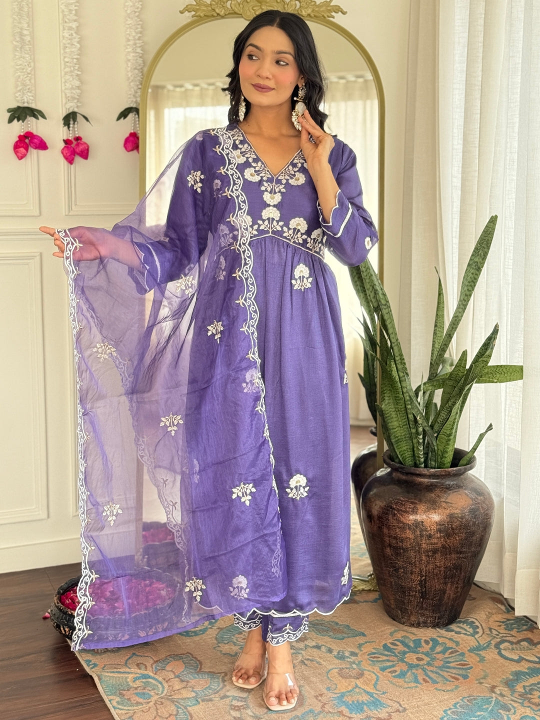 Lavender Vichitra Silk Kurta Pant with Heavy Thread Embroidery Work