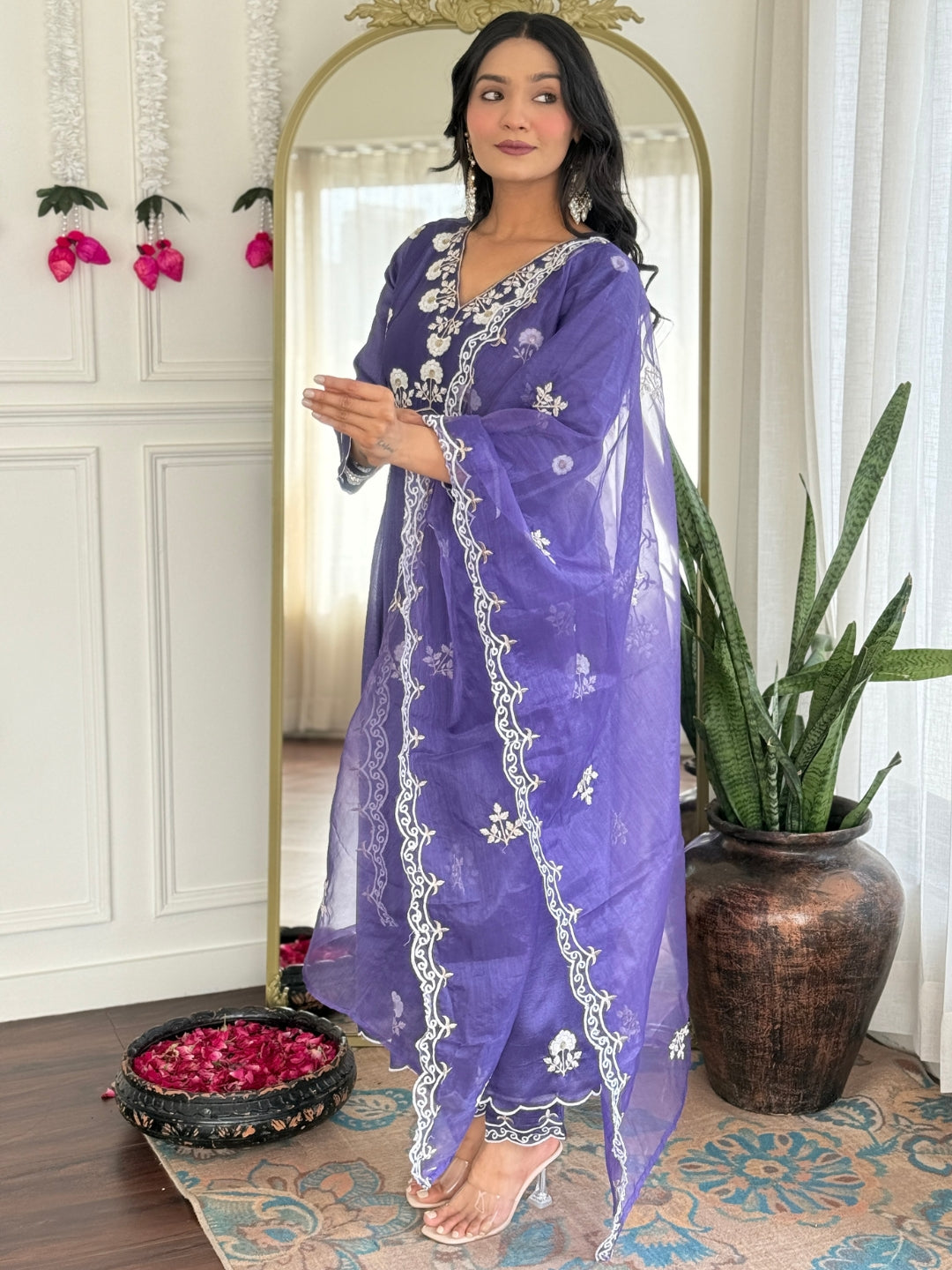 Lavender Vichitra Silk Kurta Pant with Heavy Thread Embroidery Work