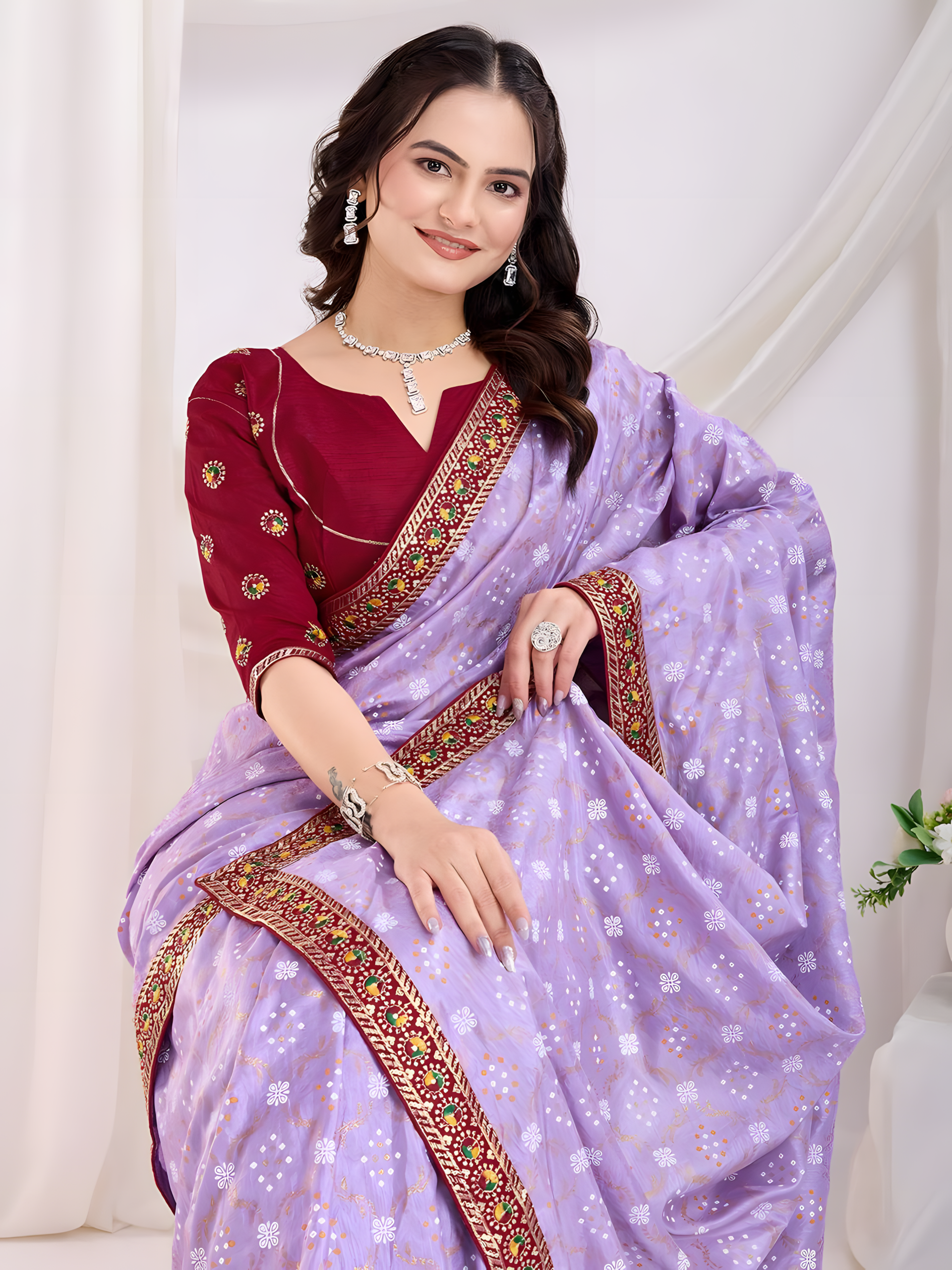 Lavender  Vichitra silk  Saree with Golden Foil  bandhani print with embroidery work lace Work