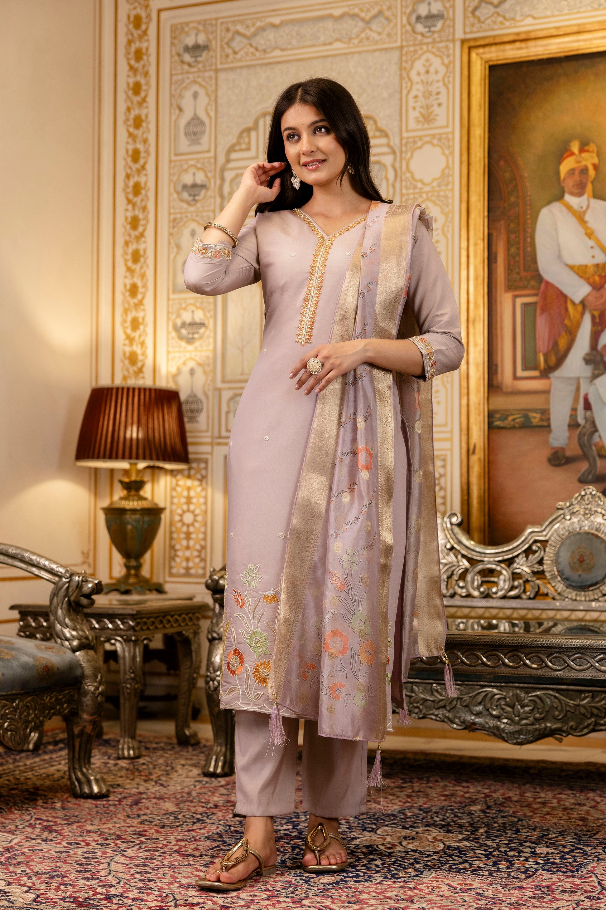 Lavender Viscose Simer Kurta Pant Set With Thread Embroidered With Beads Work With Printed Dupatta
