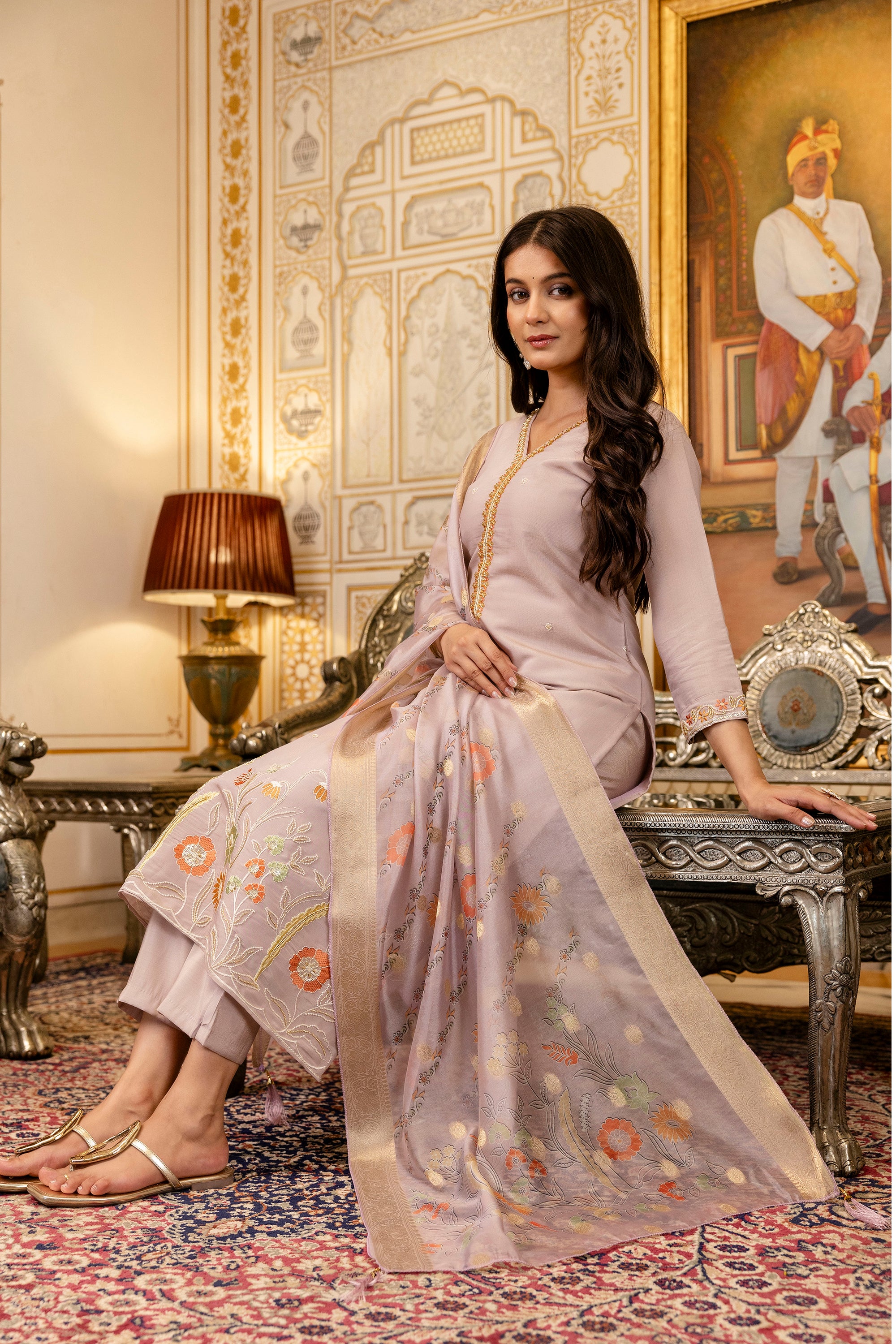 Lavender Viscose Simer Kurta Pant Set With Thread Embroidered With Beads Work With Printed Dupatta