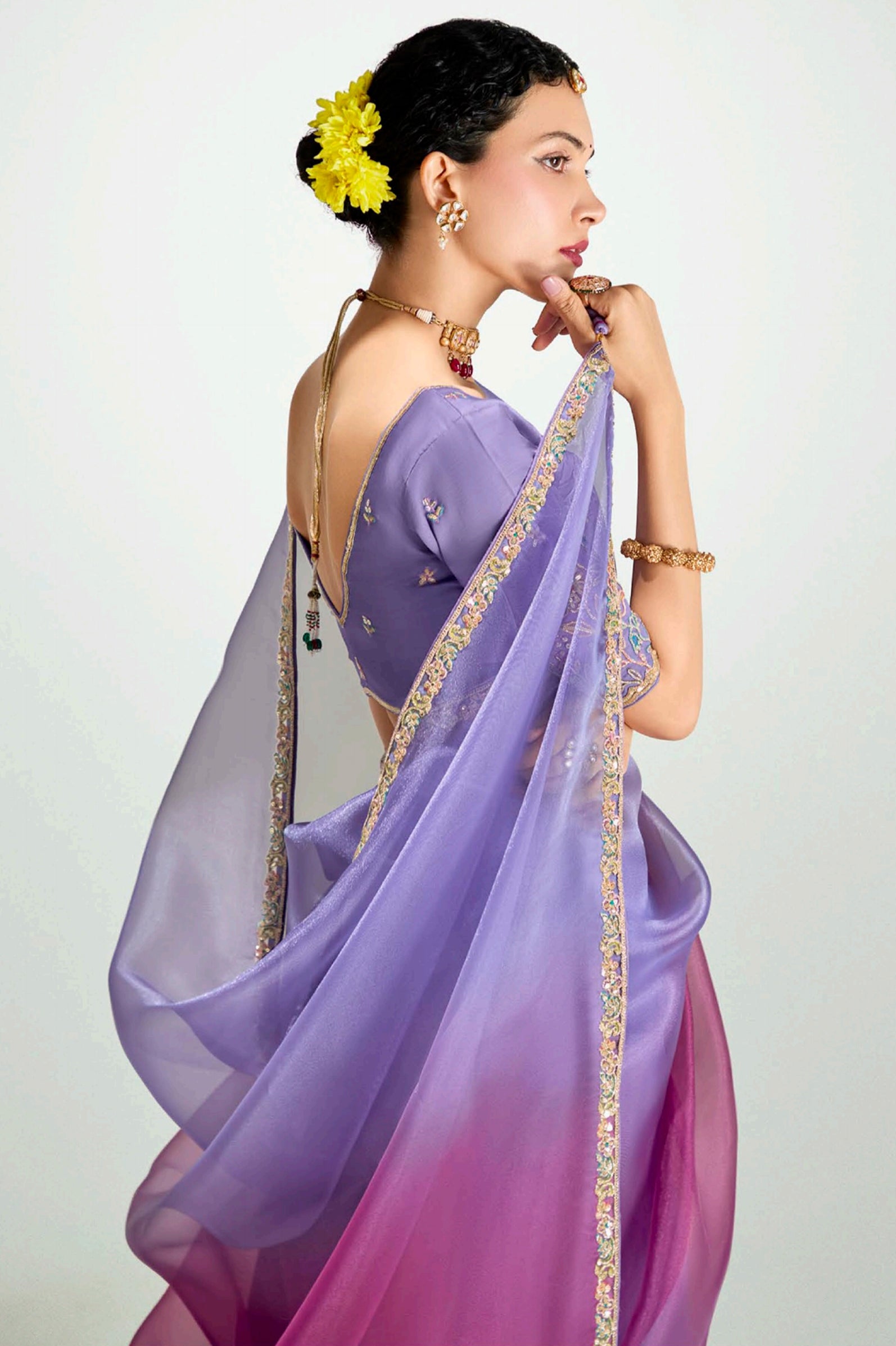 Lavender  Wine Organza Saree with Embroidered Blouse