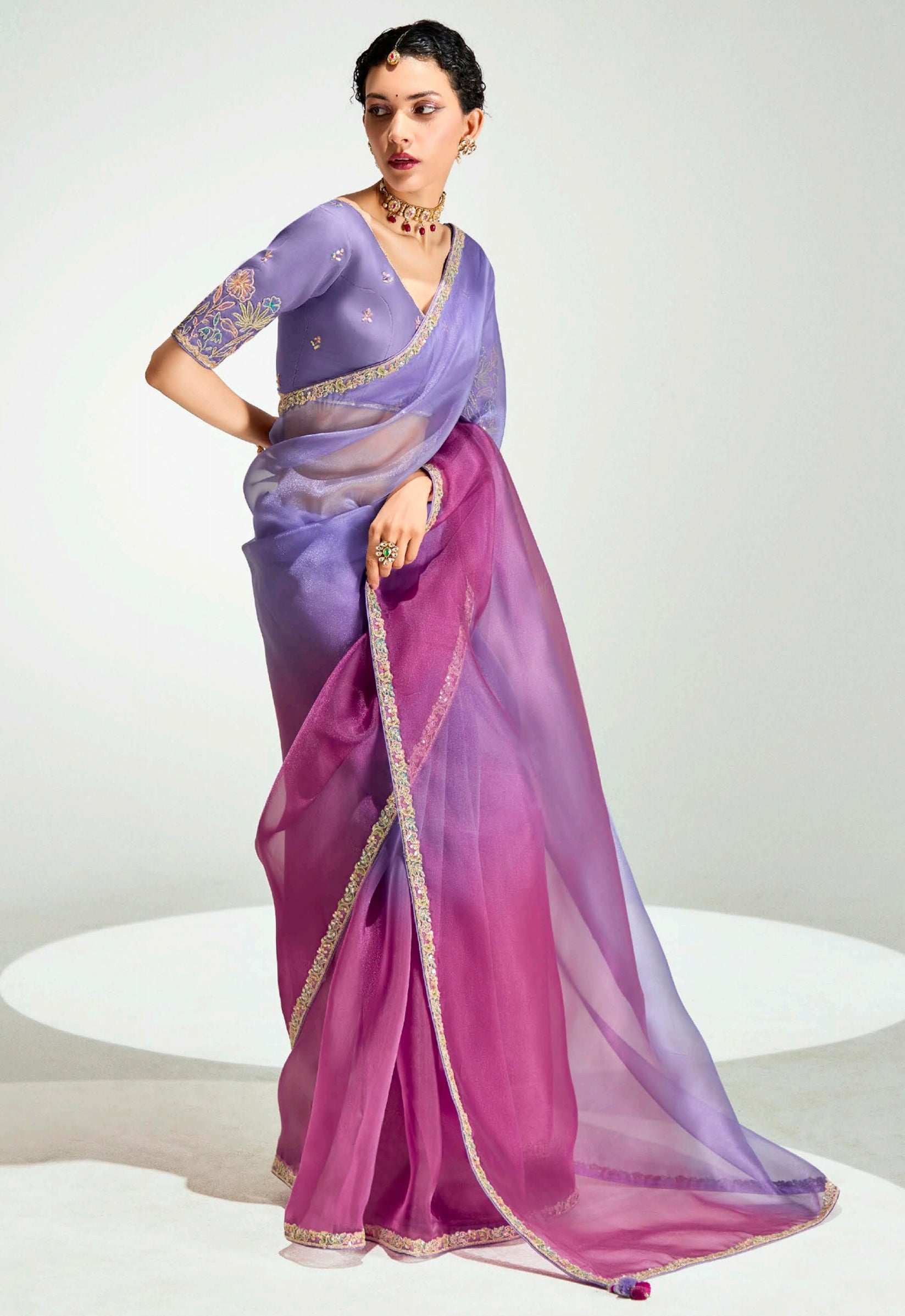 Lavender  Wine Organza Saree with Embroidered Blouse