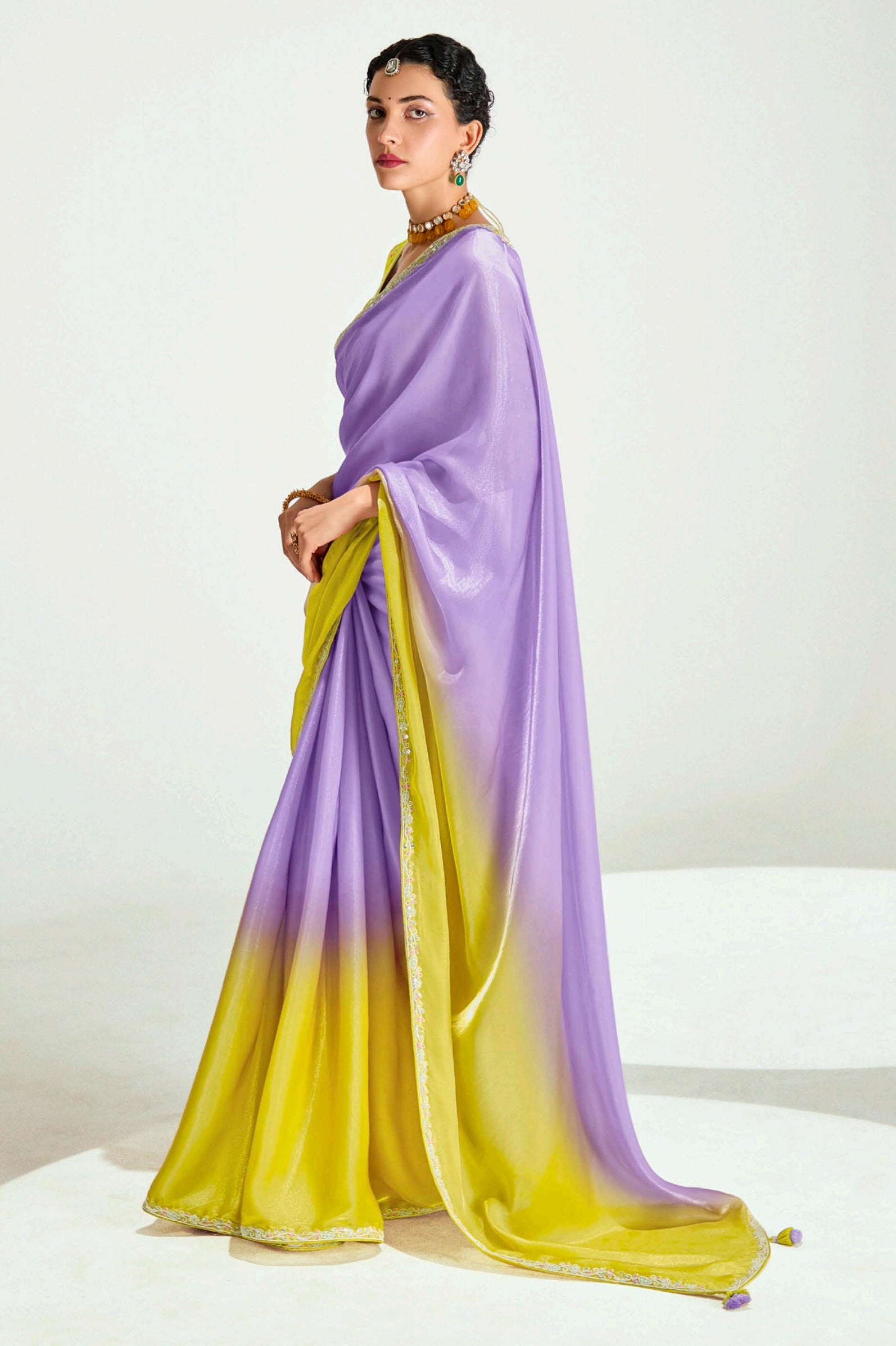 Lavender  Yellow Organza Saree with Embroidered Blouse