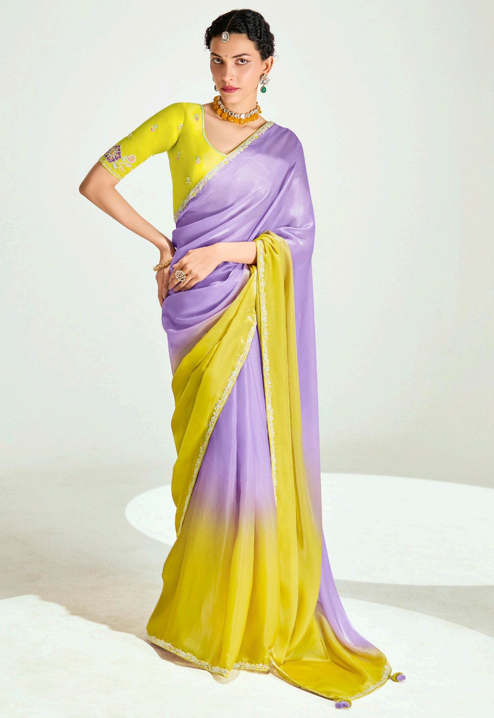 Lavender  Yellow Organza Saree with Embroidered Blouse