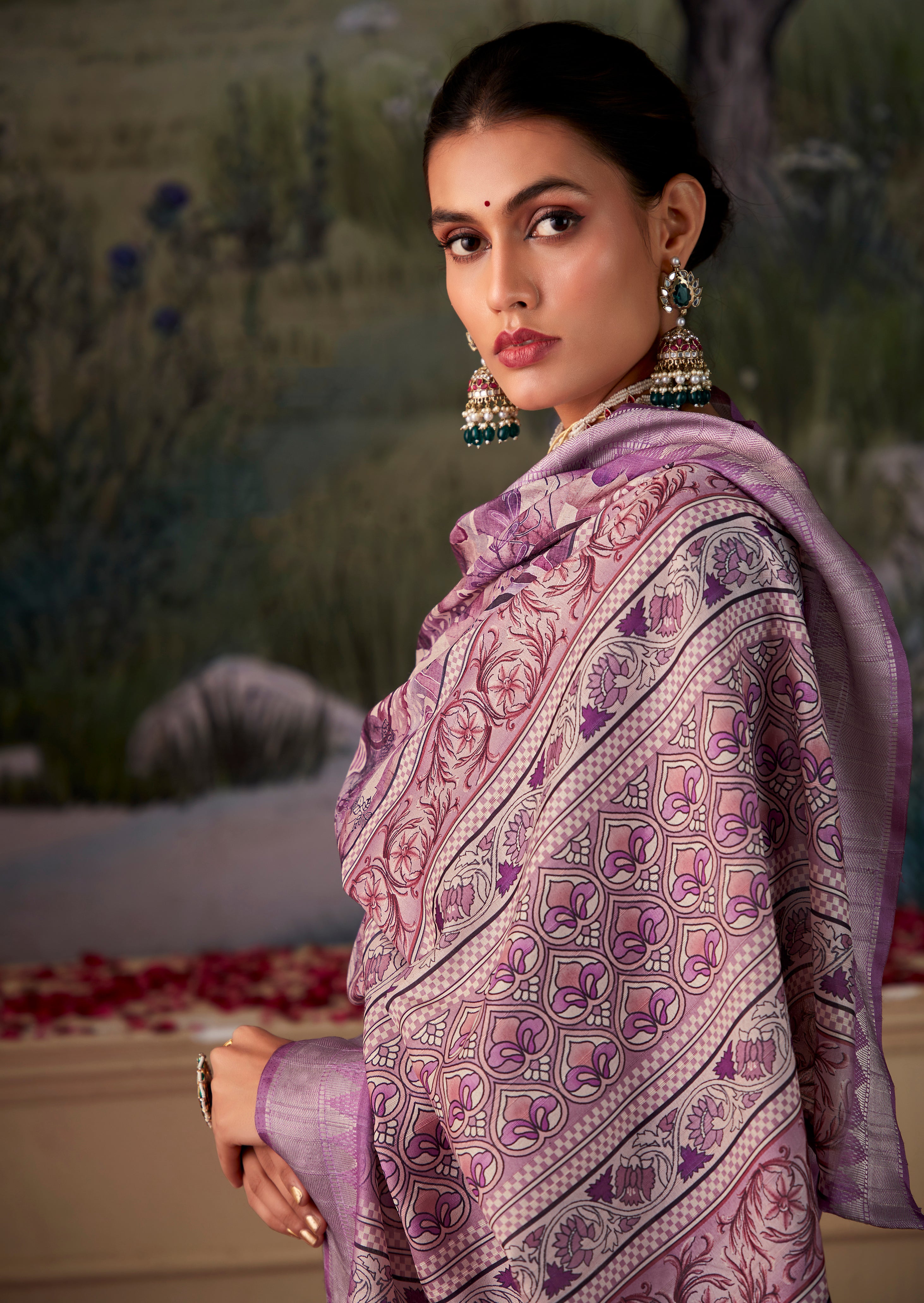 Lavendor Tusser Silk Saree With  Jacquard Woven with Digital Print