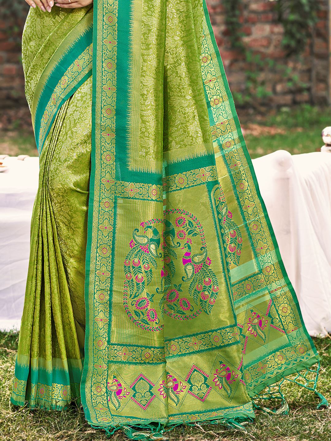 Leaf Green Banarasi Silk Woven Work Saree