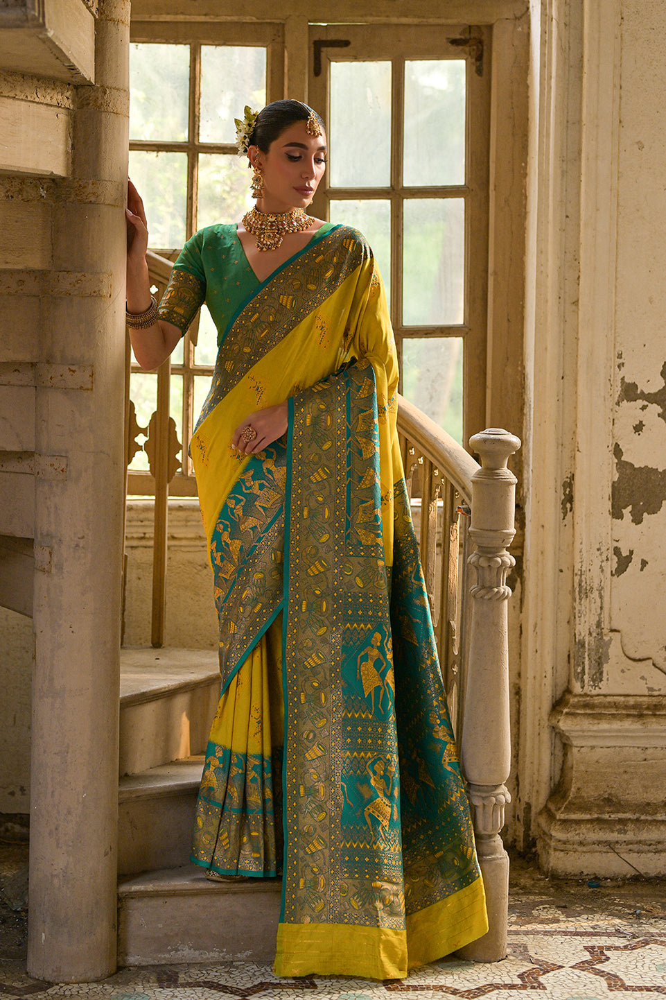 Lemon-Yellow Banarasi Silk Saree with Kalamkari Zari Design