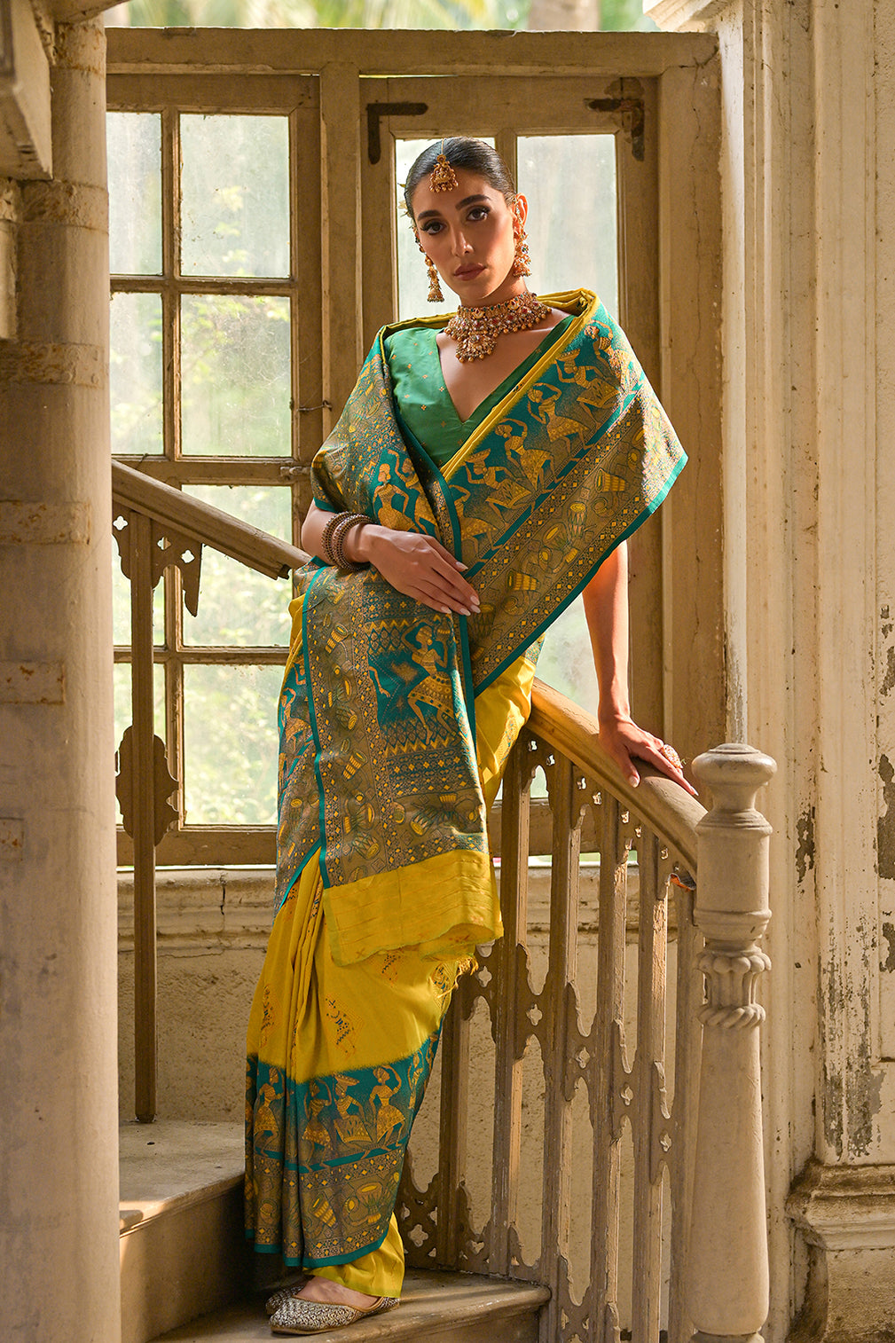Lemon-Yellow Banarasi Silk Saree with Kalamkari Zari Design
