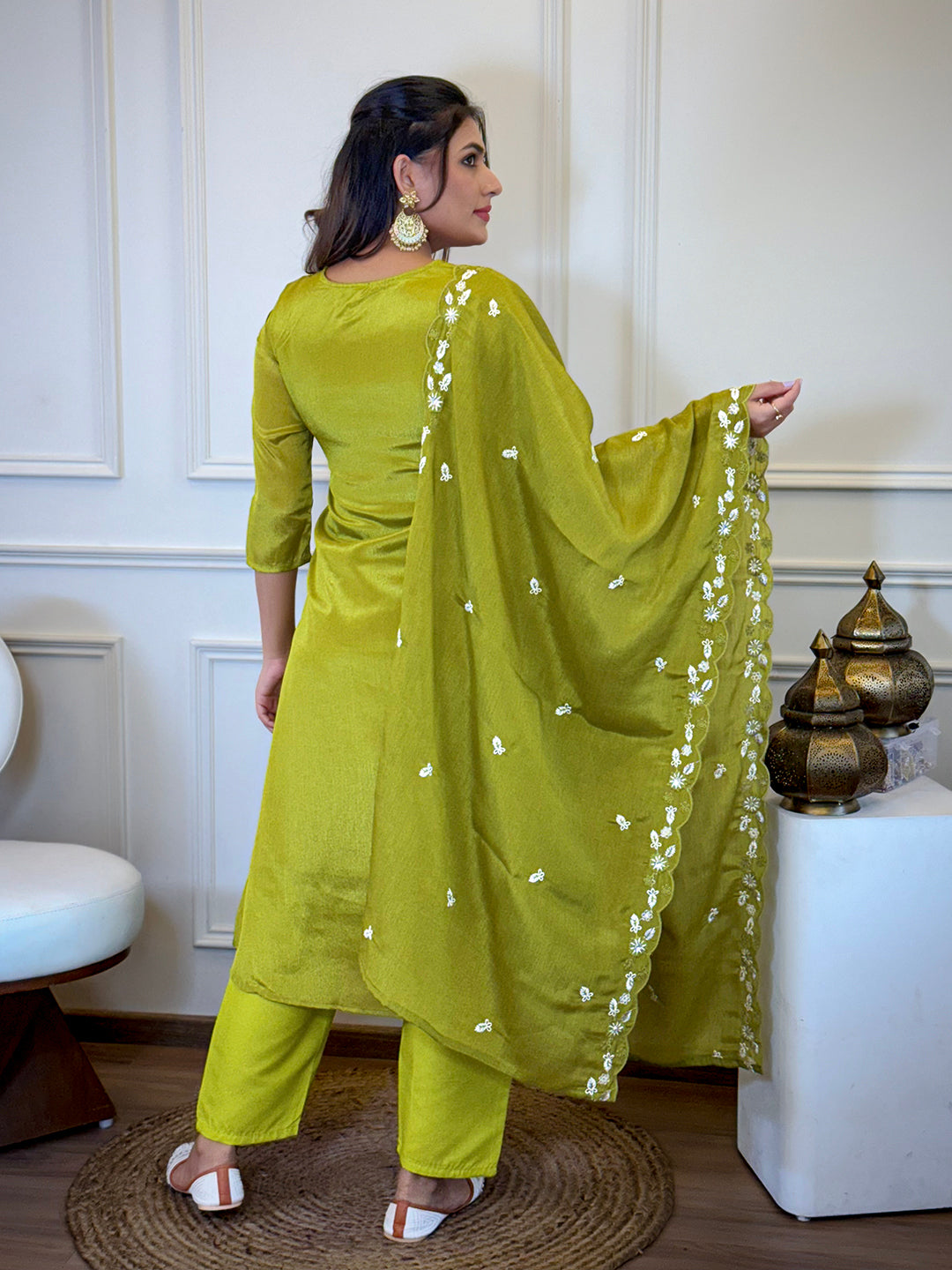 Lemon Chinon Elegant Kurta Pant Set With Embroidery Work