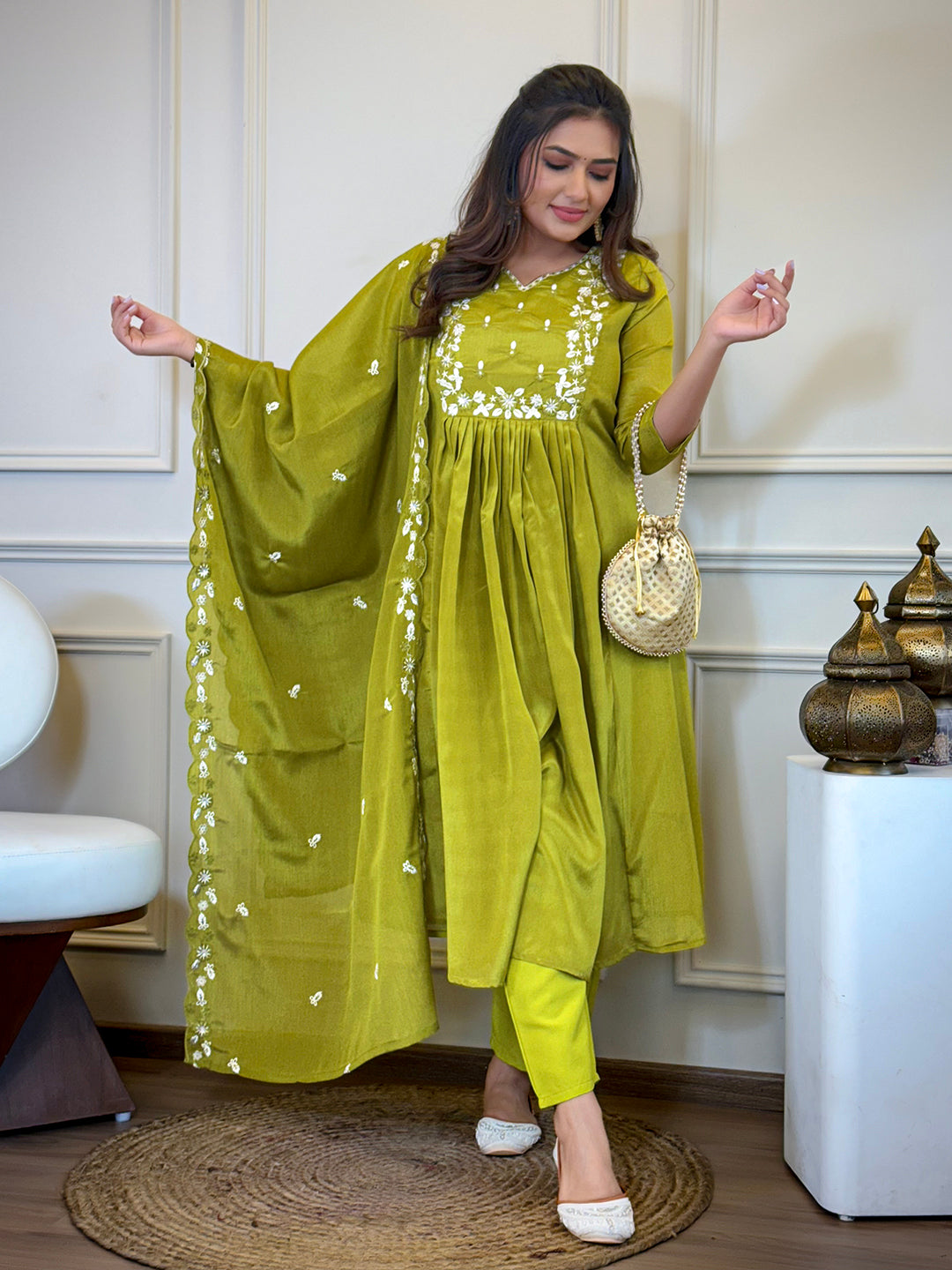 Lemon Chinon Elegant Kurta Pant Set With Embroidery Work