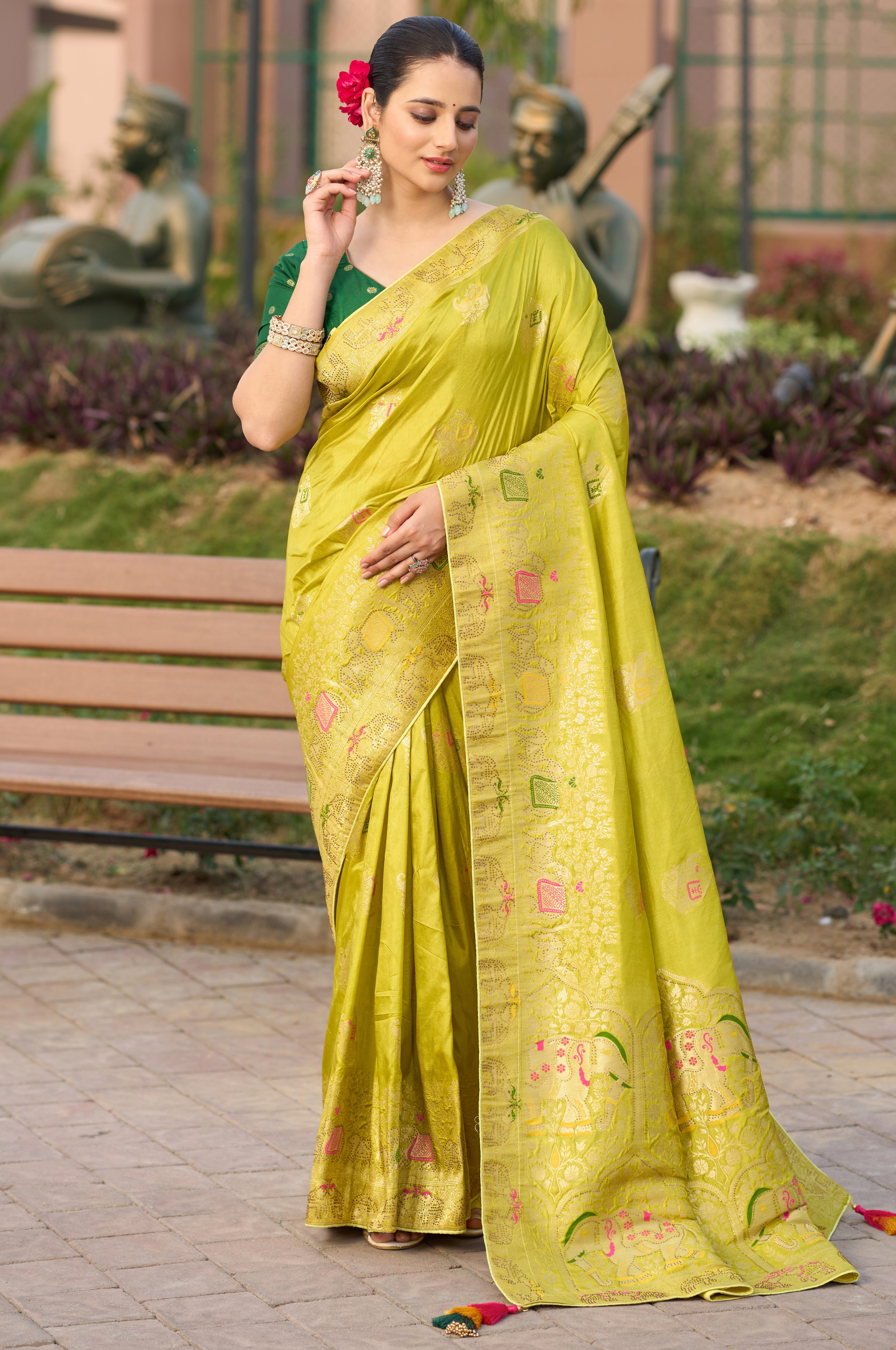 Lemon Color Pure Dola Silk Saree With  Jacquard Woven Work