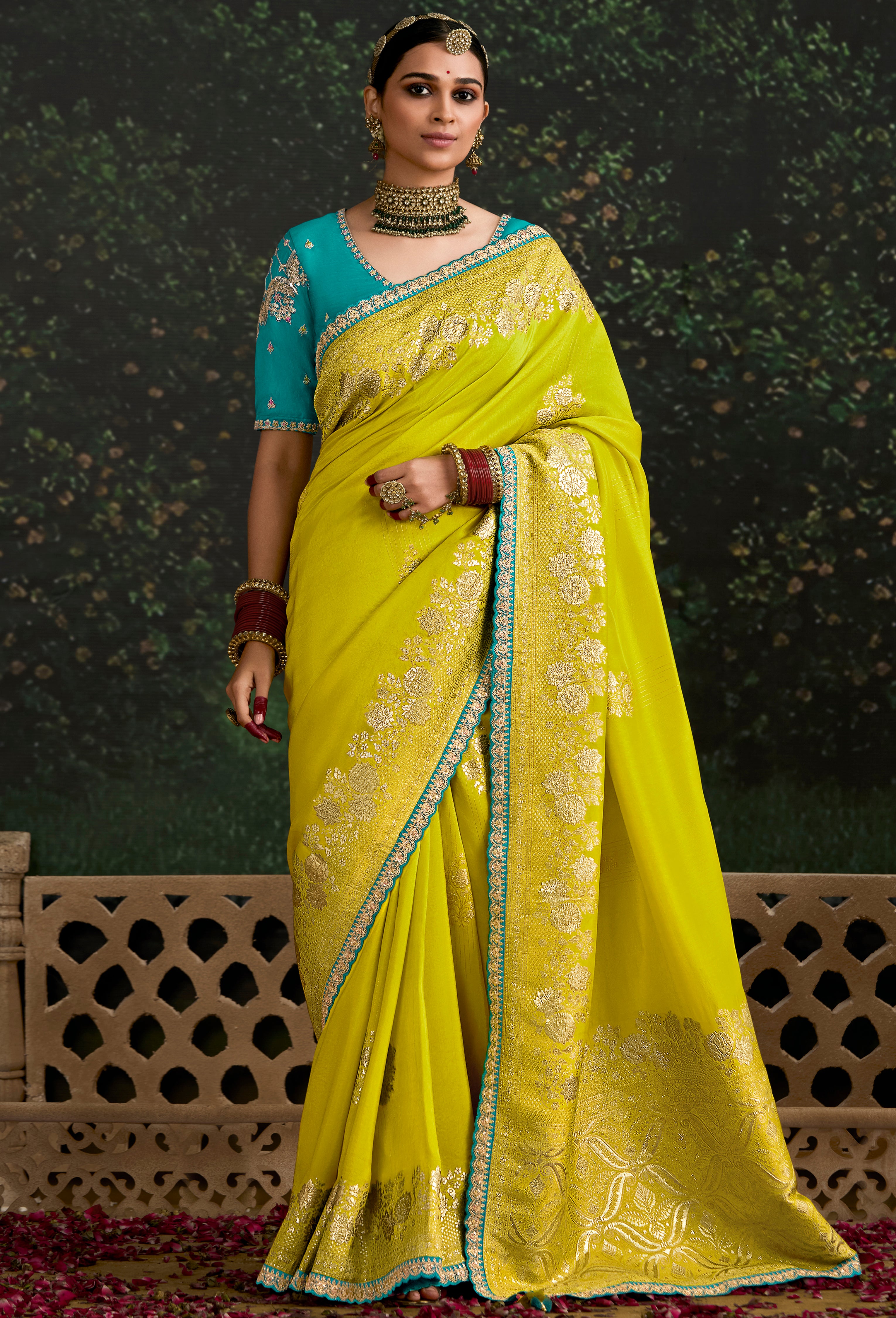 Lemon Dola Silk Saree With  Jacquard Woven with Embroidered Lace Border