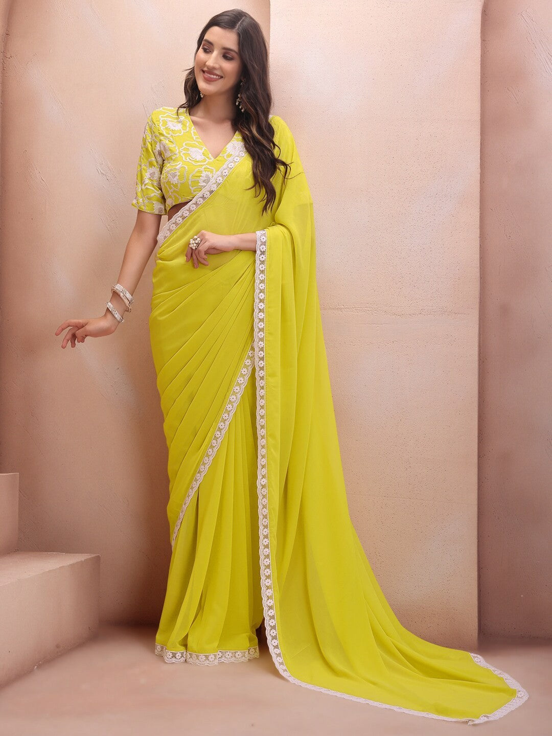 Lemon Georgette Saree With Plain Saree With Embroidery Cut Work Lace With Embroidery Work Blouse