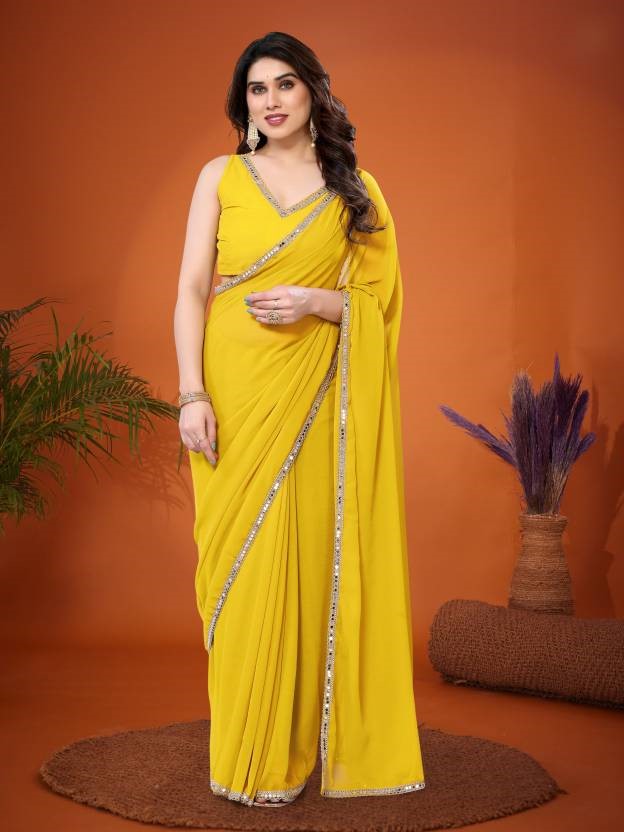 Lemon Georgette Saree with Mirror Border