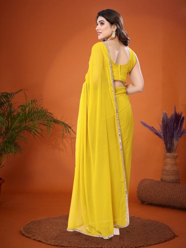 Lemon Georgette Saree with Mirror Border