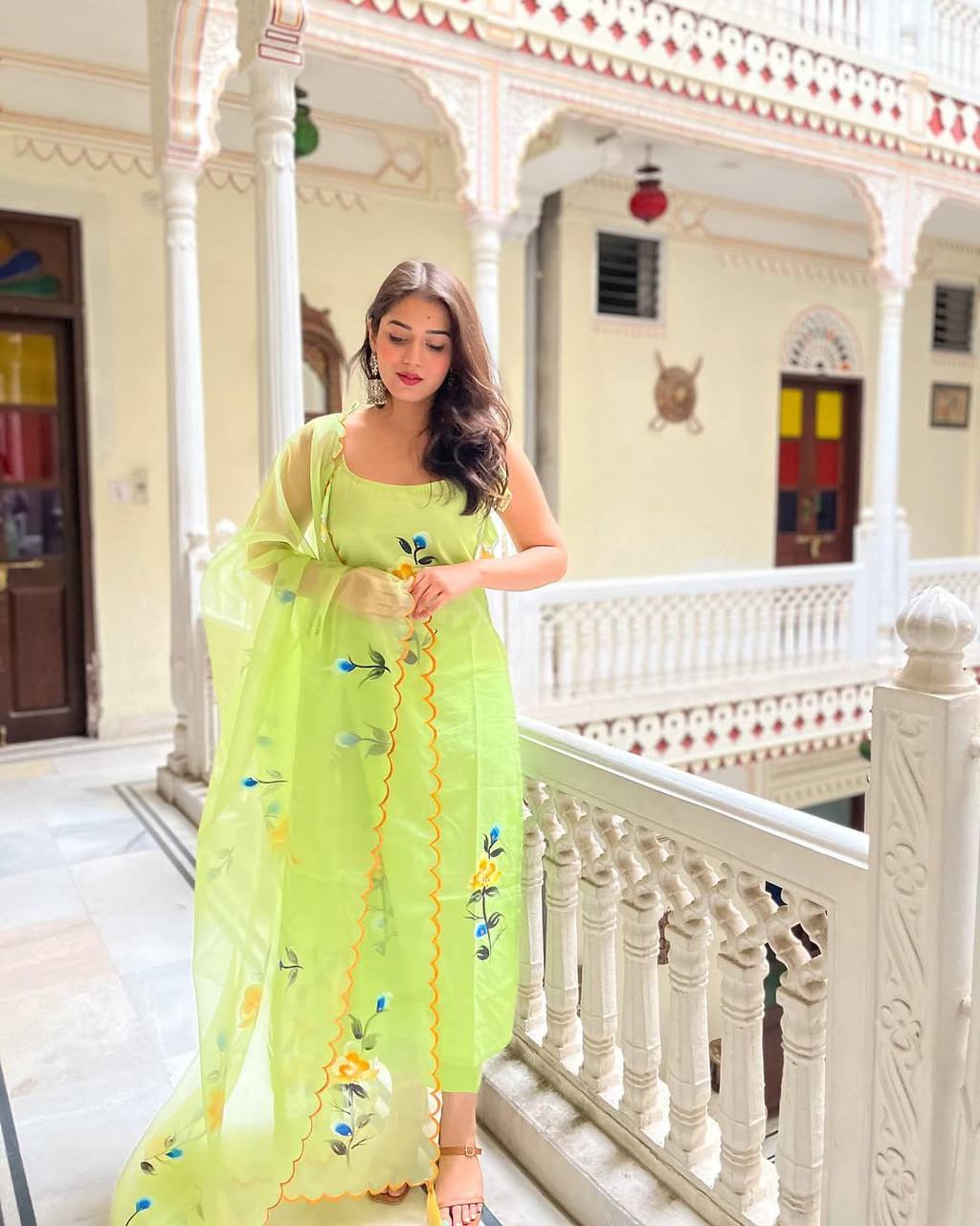 Lemon Green Viscose Twill Kurta Pant Set  Printed