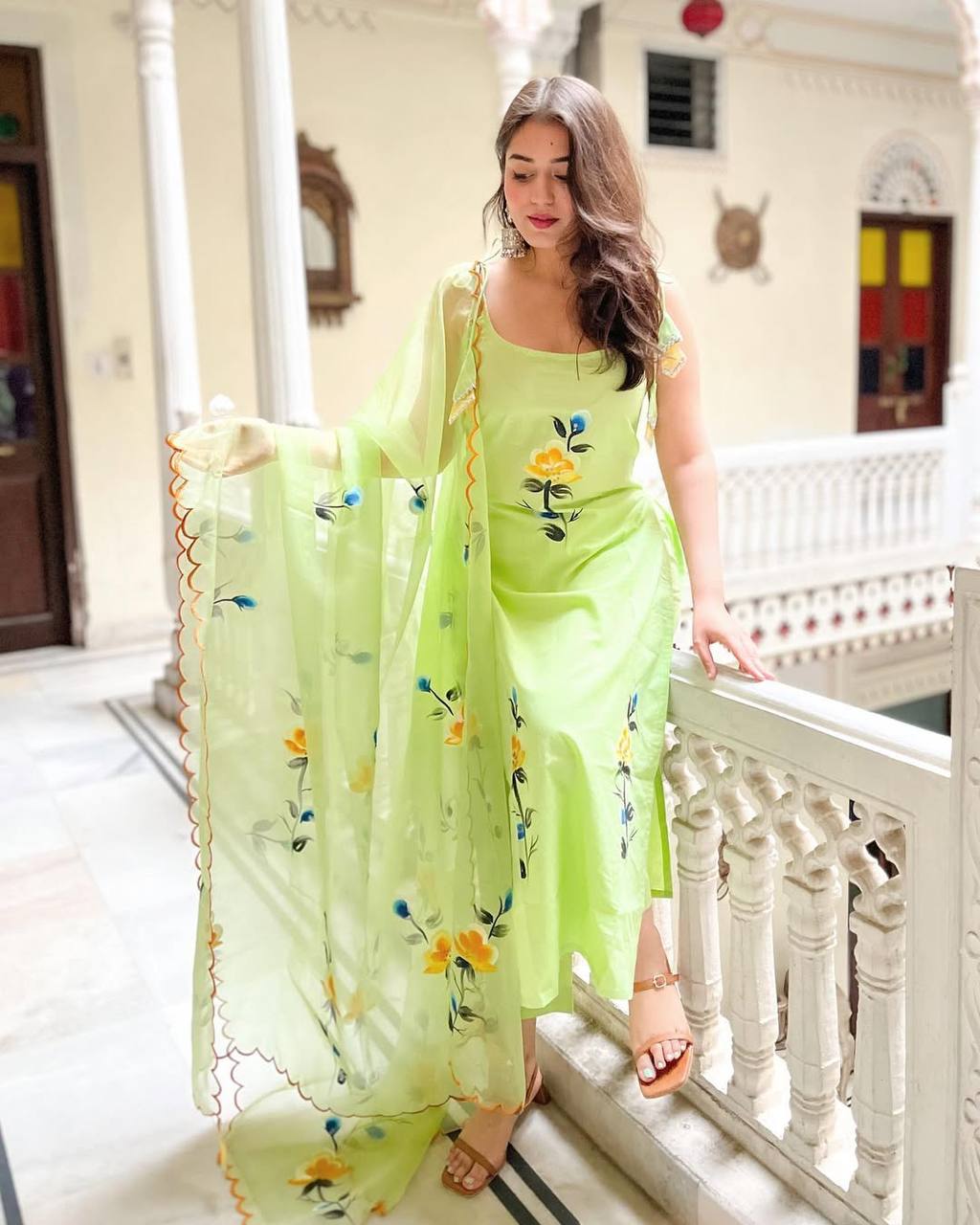 Lemon Green Viscose Twill Kurta Pant Set  Printed