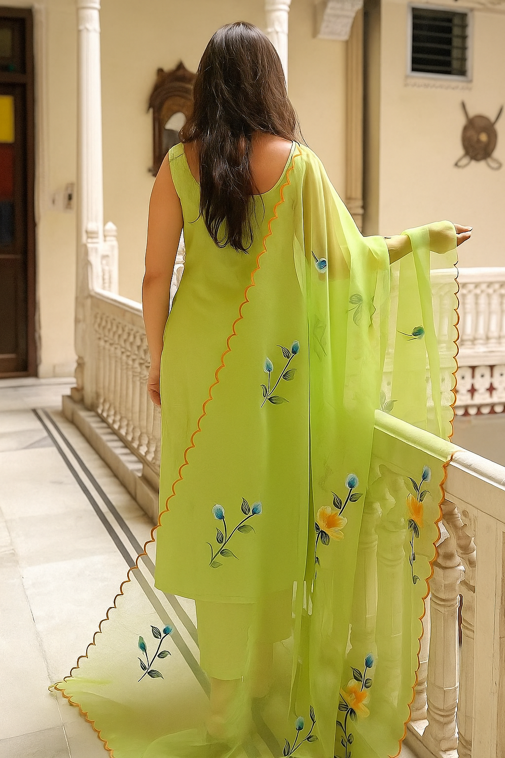 Lemon Green Viscose Twill Kurta Pant Set  Printed