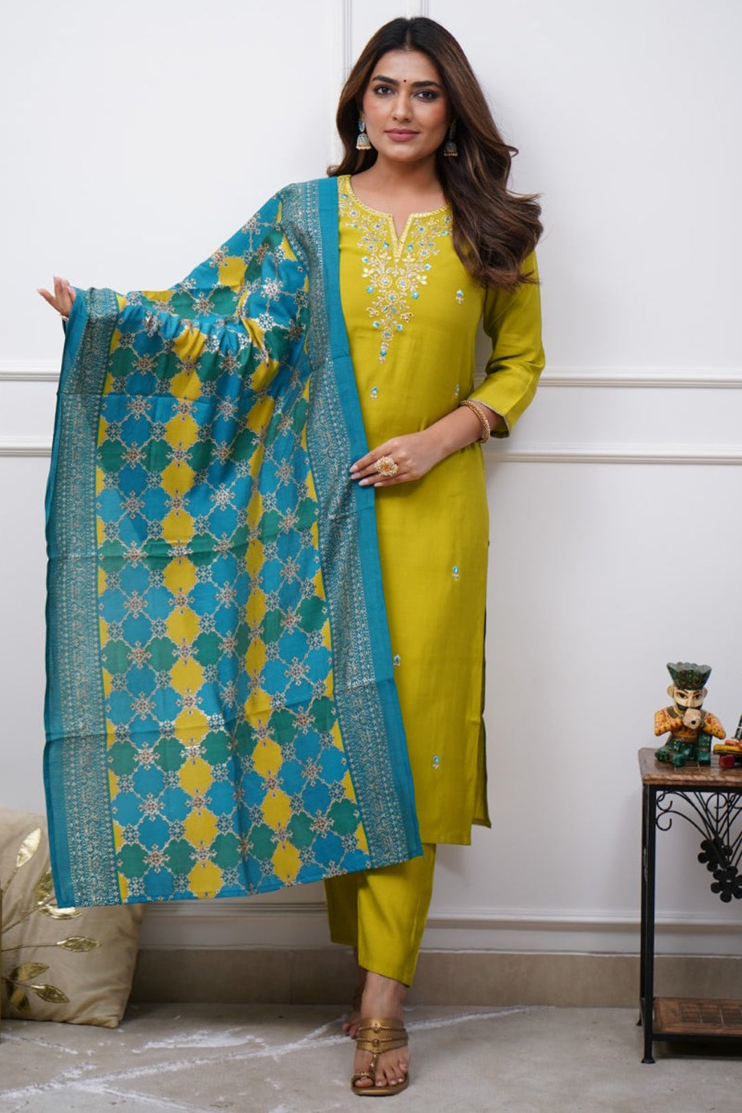 Lemon Kurta Pant Set with Heavy Thread Embroidery Work With Printed Dupatta