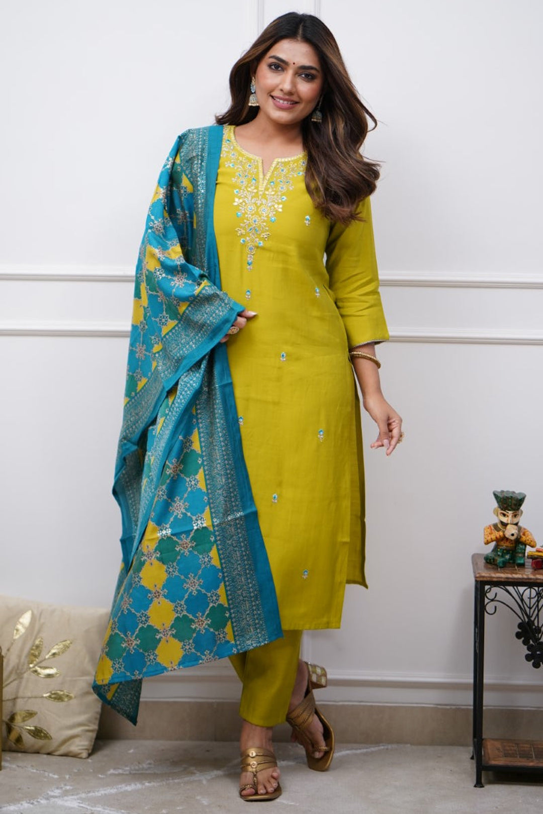 Lemon Kurta Pant Set with Heavy Thread Embroidery Work With Printed Dupatta