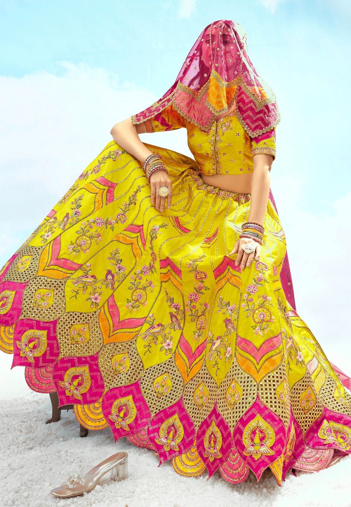Lemon  Silk Lehenga Choli With Heavy Thread Embroidery, Zari With Sequins Work