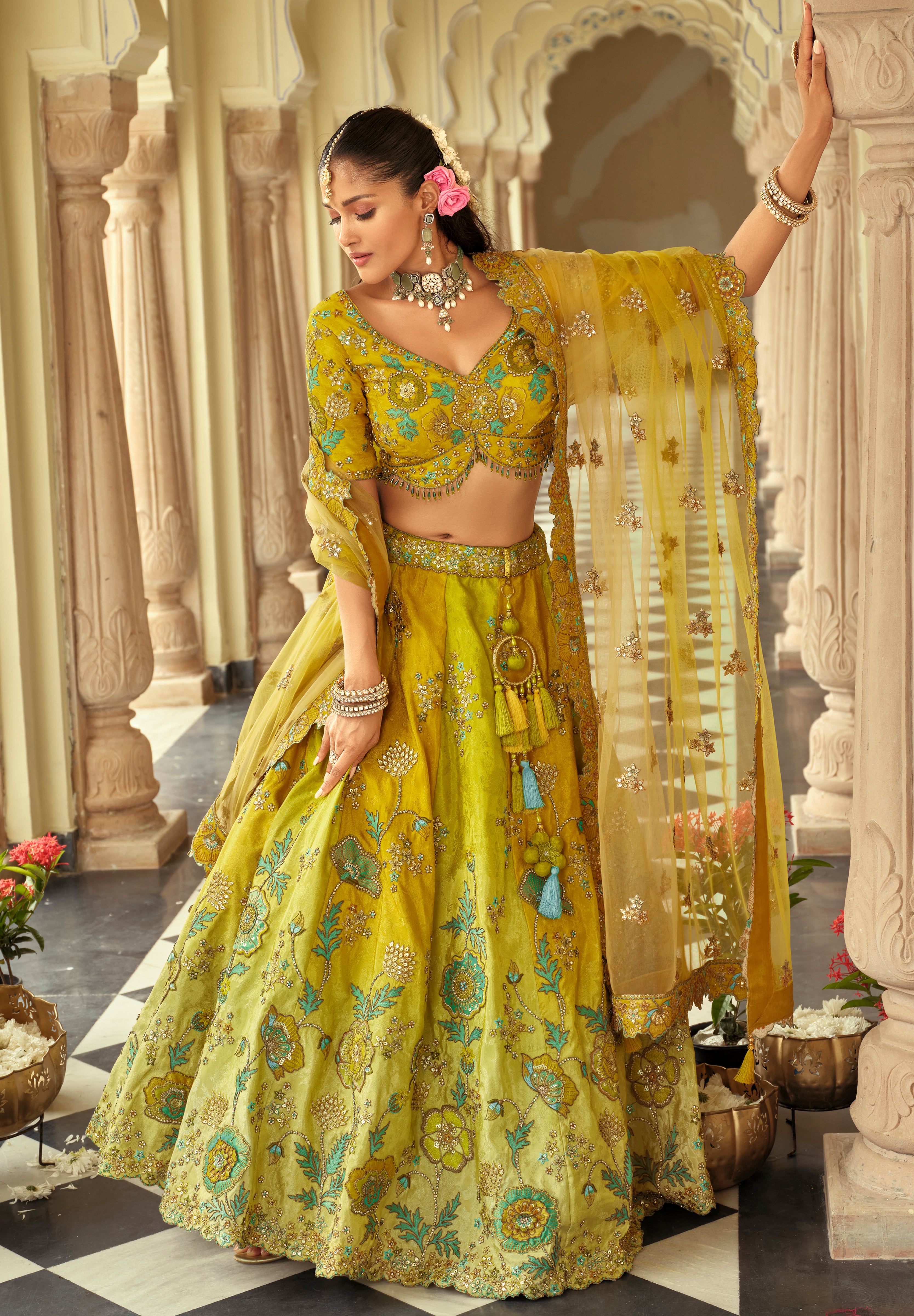 Lemon Silk Readymade Lehenga Choli With Heavy Thread Embroidery, Sequence, Border Weaving, Art Mirror and Cut Work