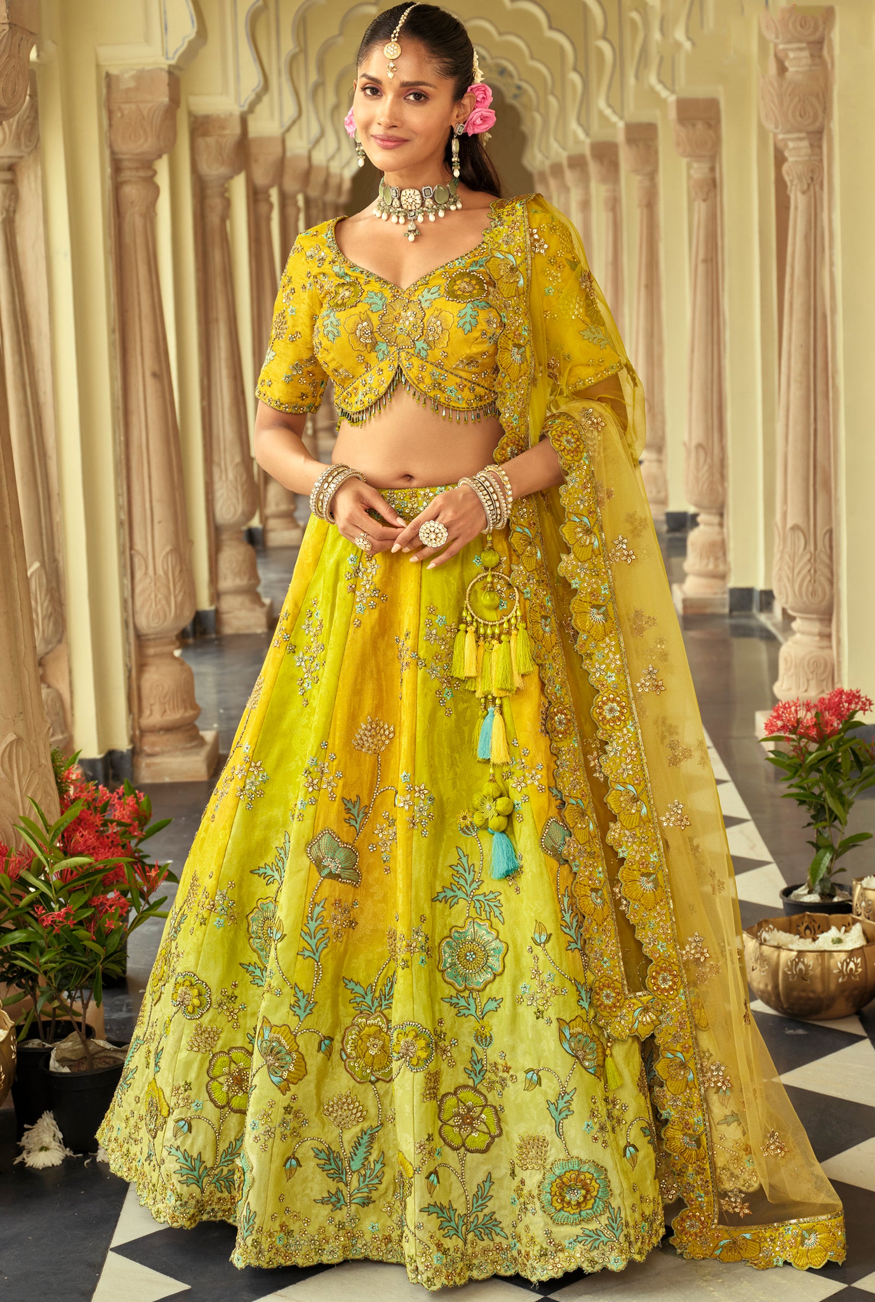 Lemon Silk Readymade Lehenga Choli With Heavy Thread Embroidery, Sequence, Border Weaving, Art Mirror and Cut Work