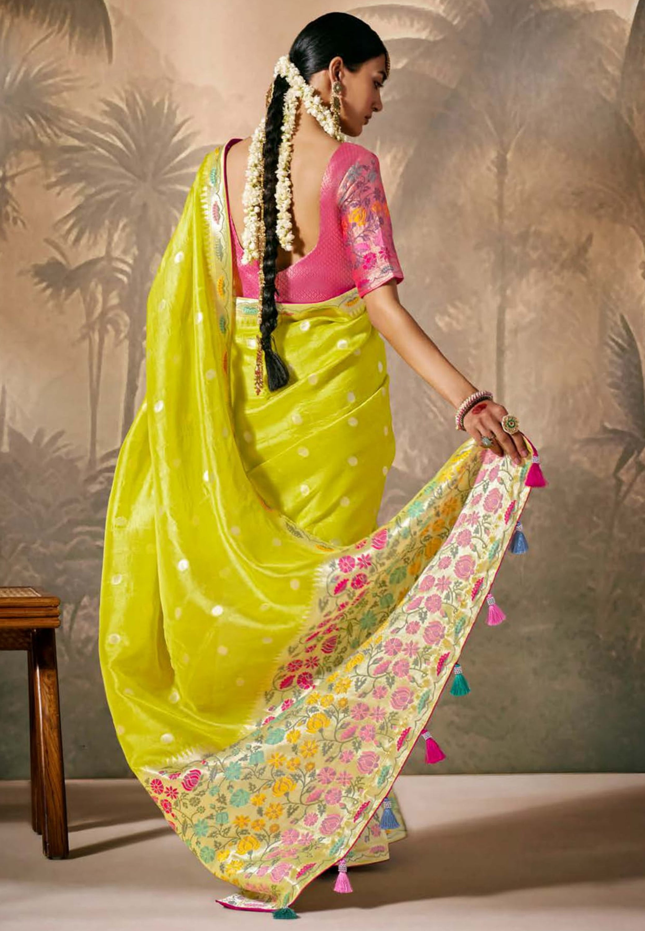 Lemon Silk Saree With  Jacquard Woven