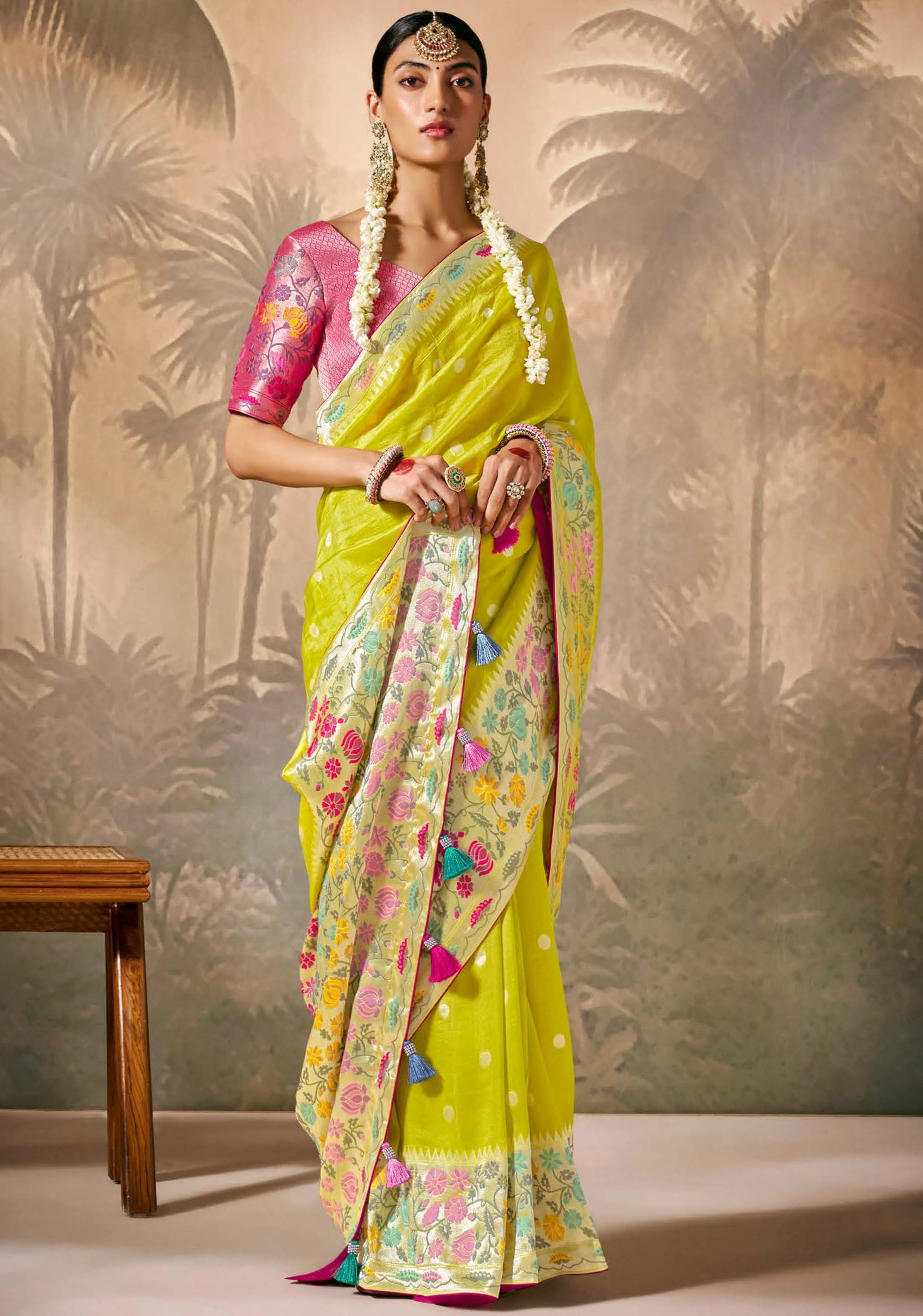 Lemon Silk Saree With  Jacquard Woven
