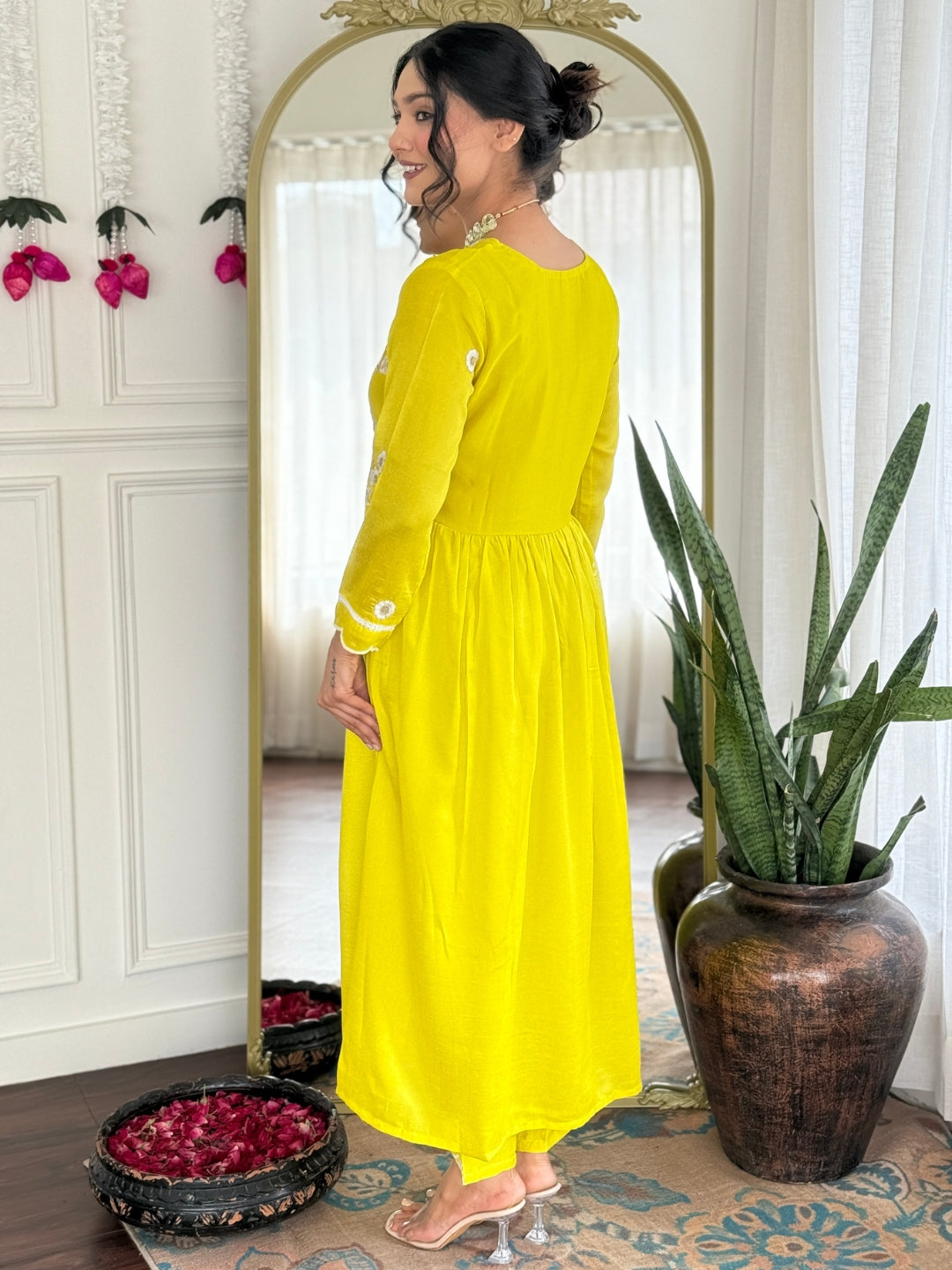 Lemon Vichitra Silk Elegant Kurta Pant Set With Embroidery Work