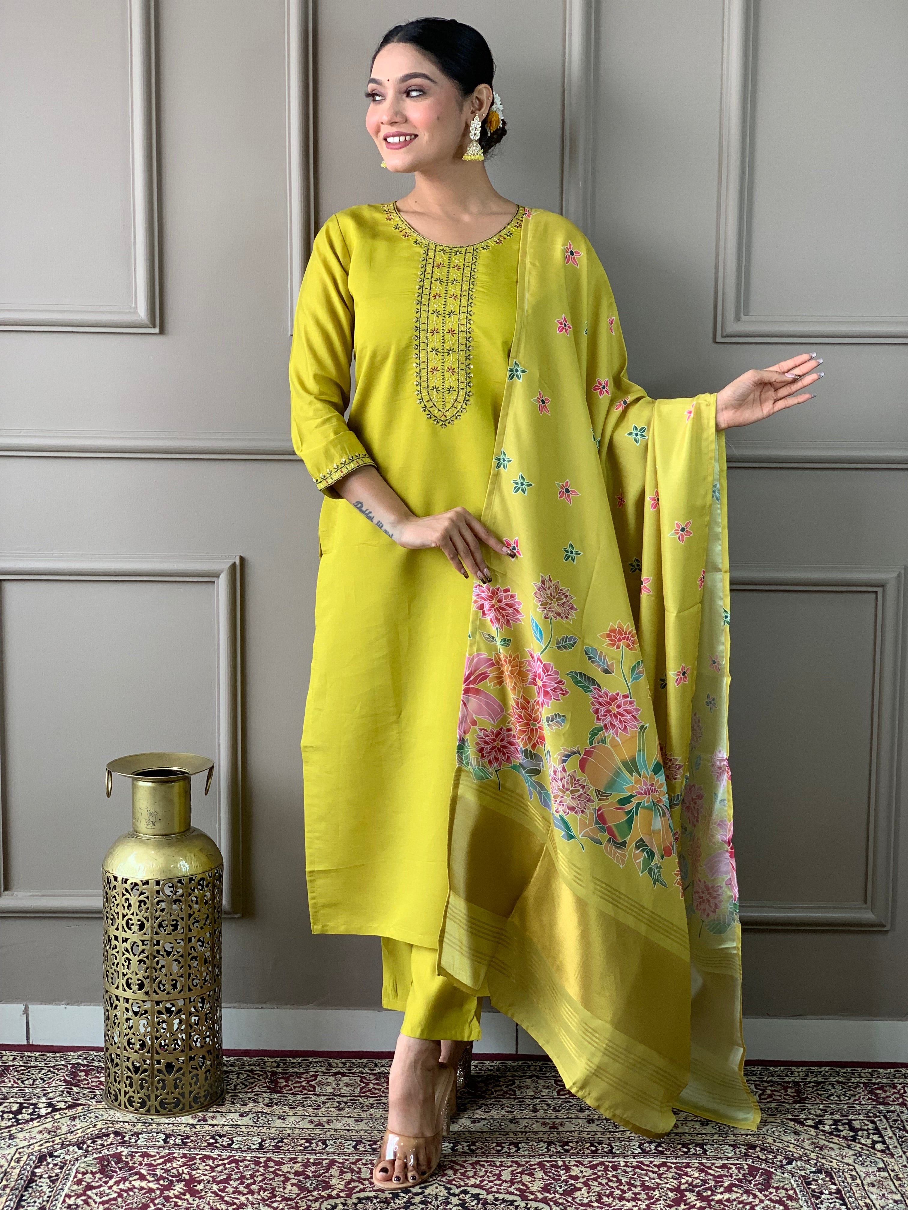 Lemon Viscose Chanderi Kurta Pant With Heavy Thread Embroidery Work With Printed Dupatta