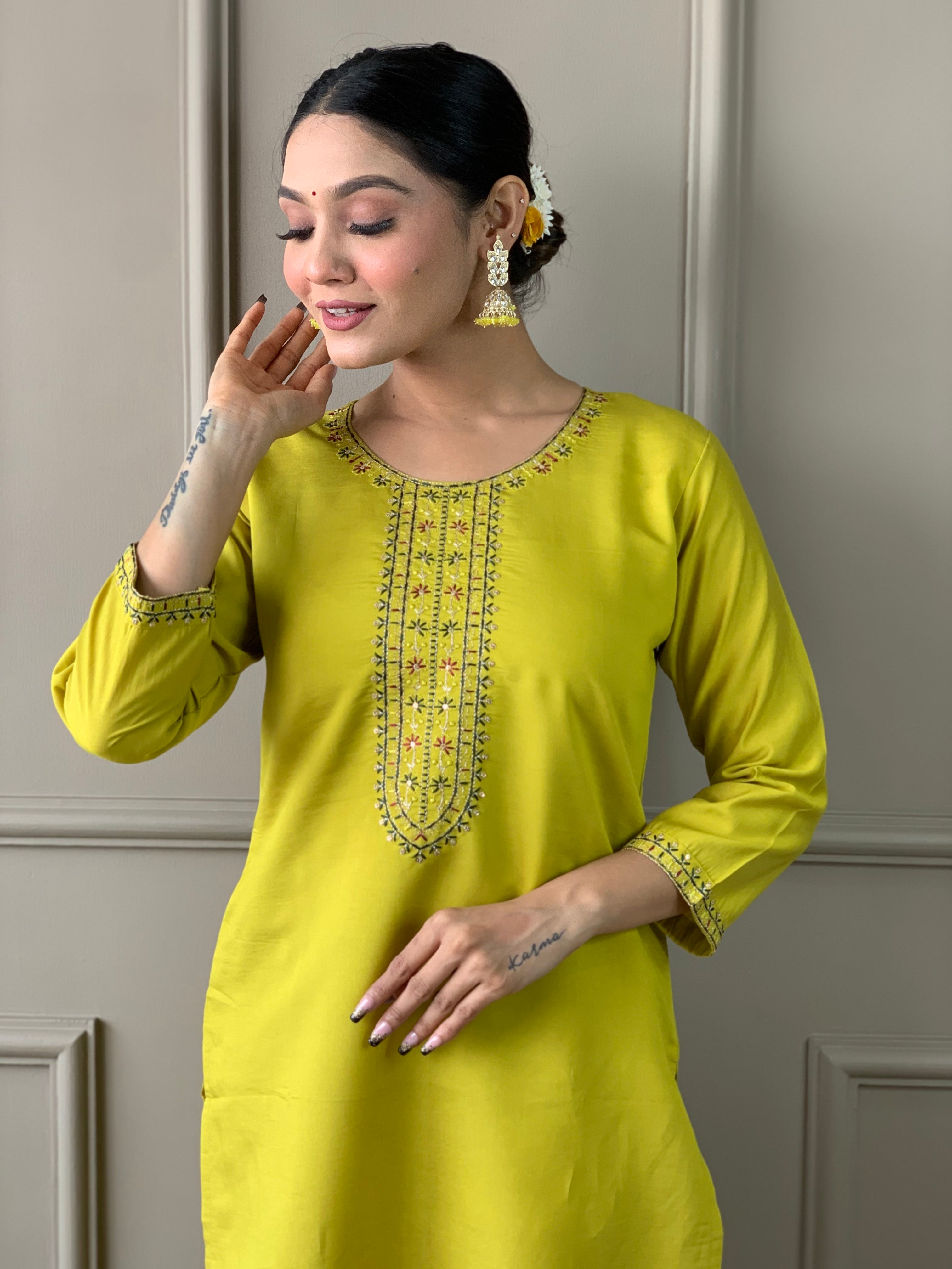 Lemon Viscose Chanderi Kurta Pant With Heavy Thread Embroidery Work With Printed Dupatta