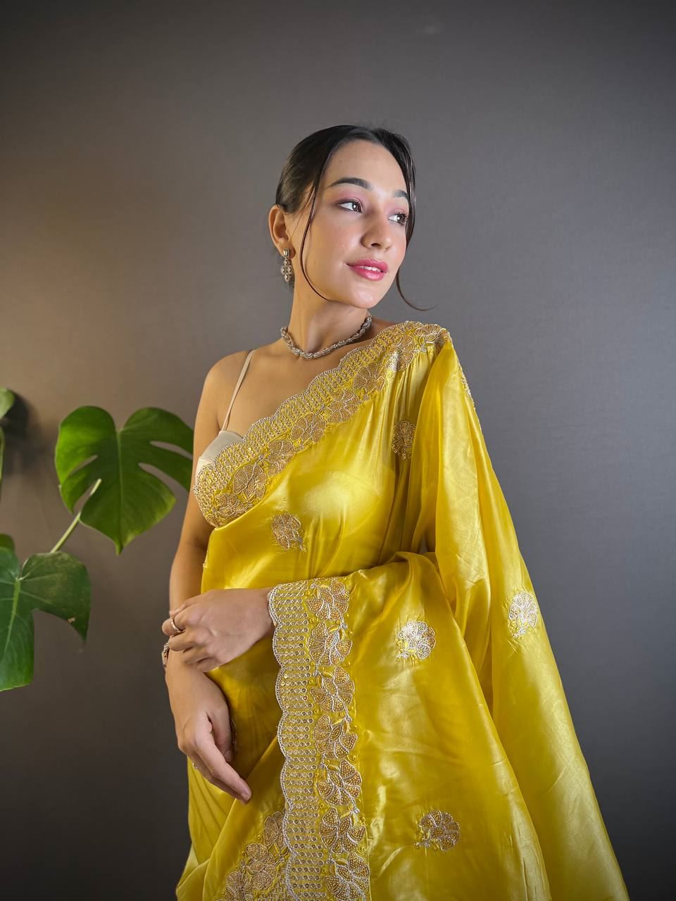 Lemon Yellow Colour Gold Crush Embroidery Work Saree