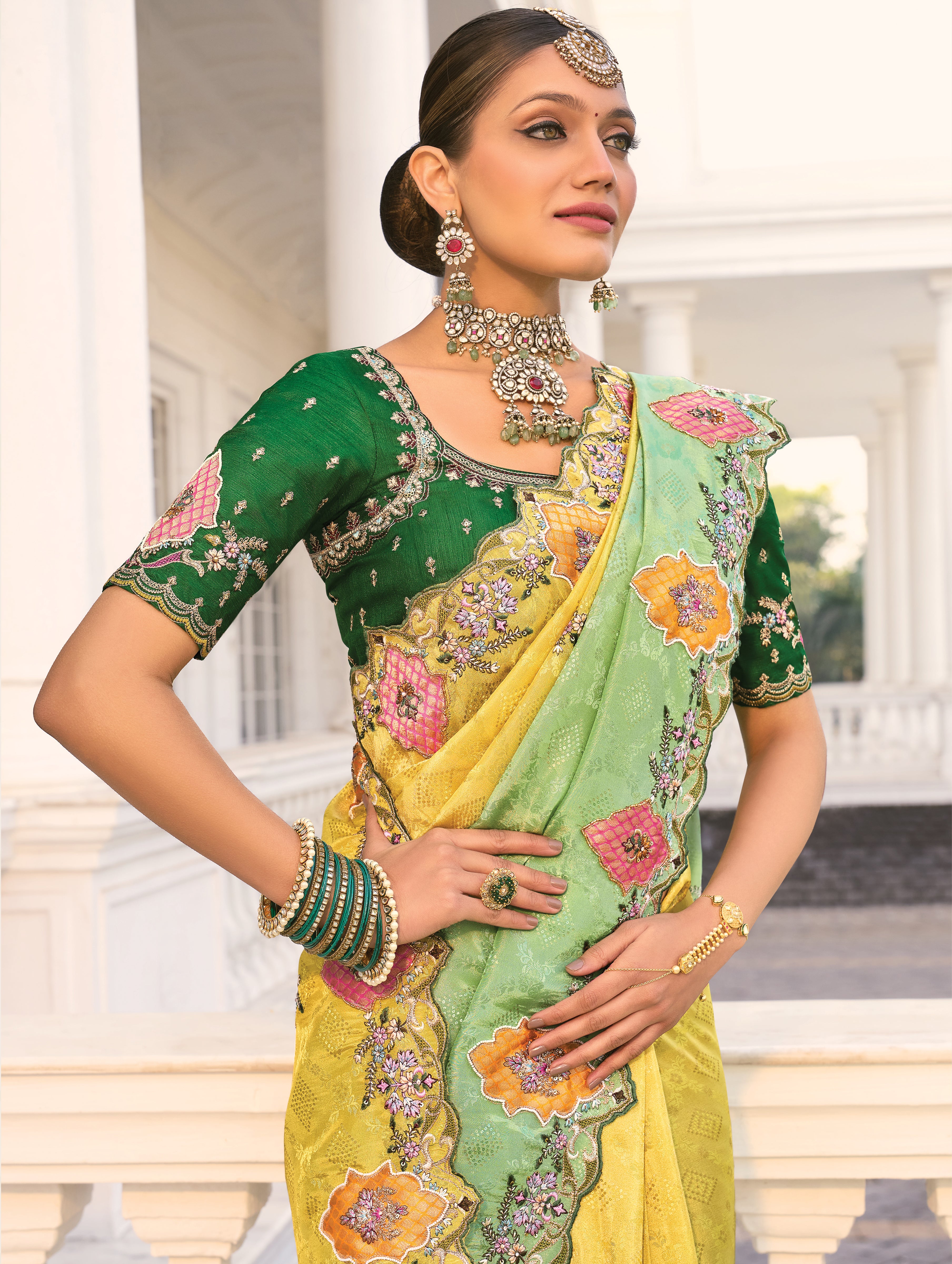 Lemon & Green Natural Crepe Jacquard Saree With Embroidery Work