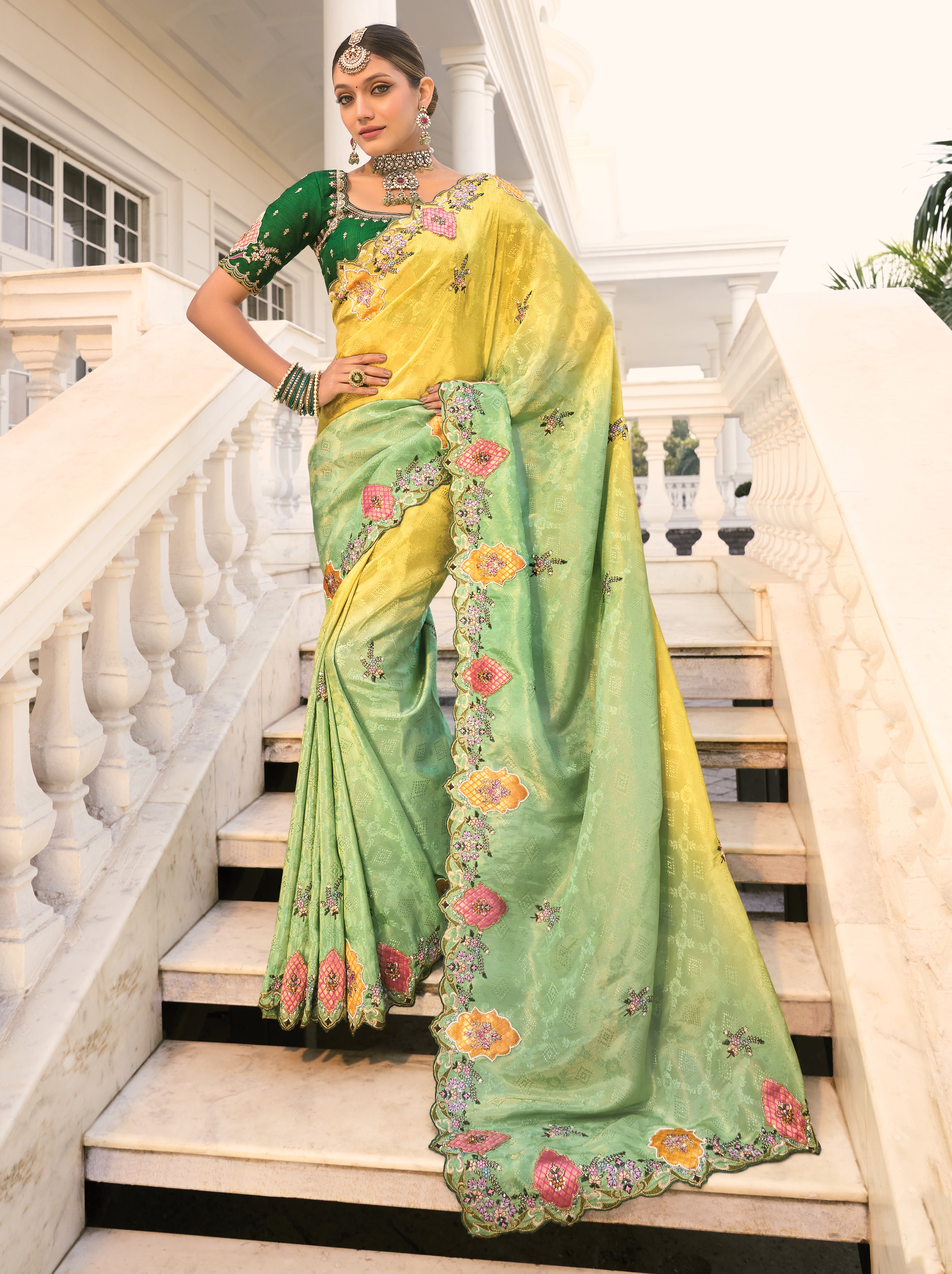 Lemon & Green Natural Crepe Jacquard Saree With Embroidery Work