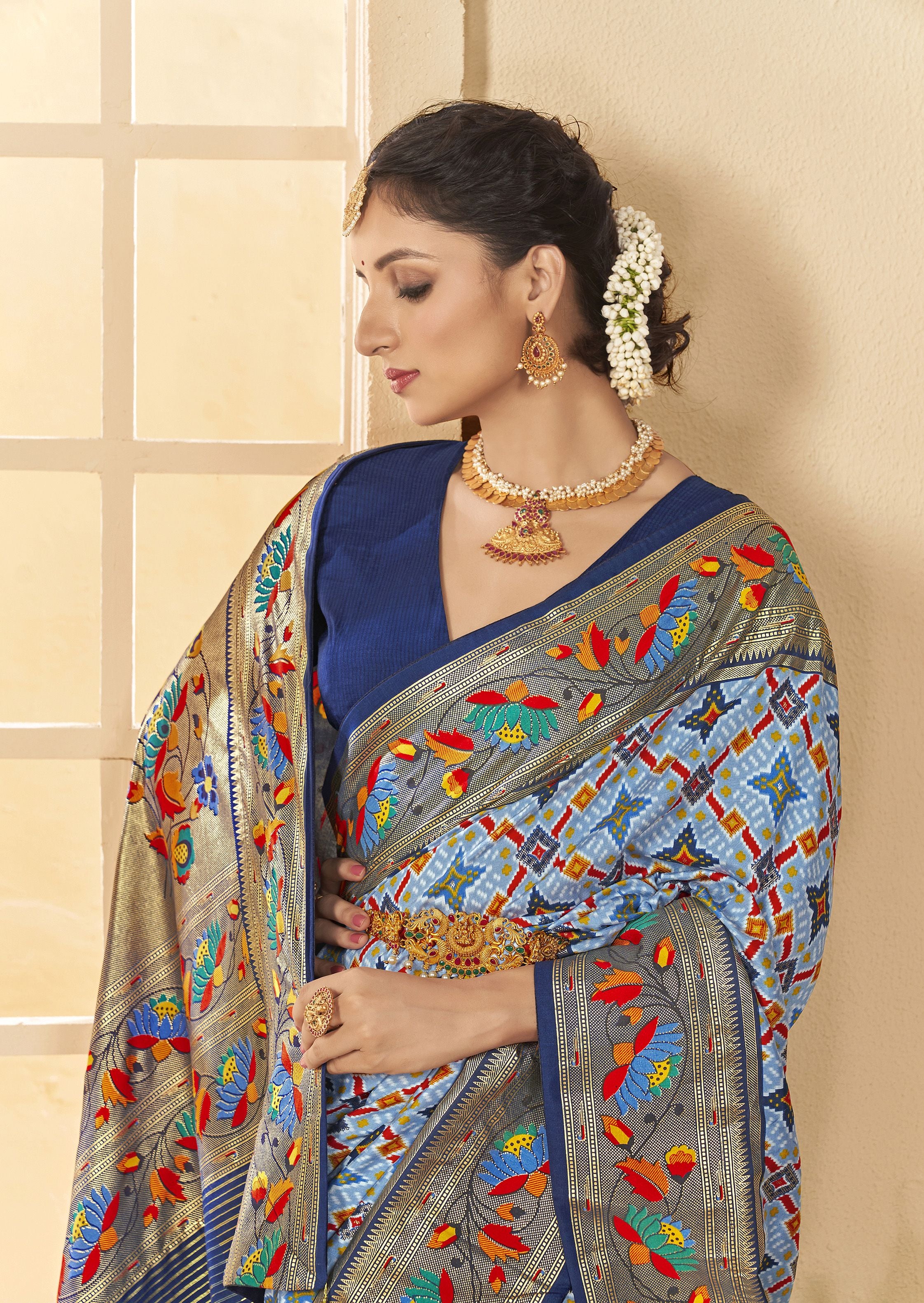 Light Blue Ethnic Woven Border Designer With Ikkat Printed Cotton Silk Saree