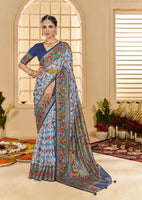Light Blue Ethnic Woven Border Designer With Ikkat Printed Cotton Silk Saree