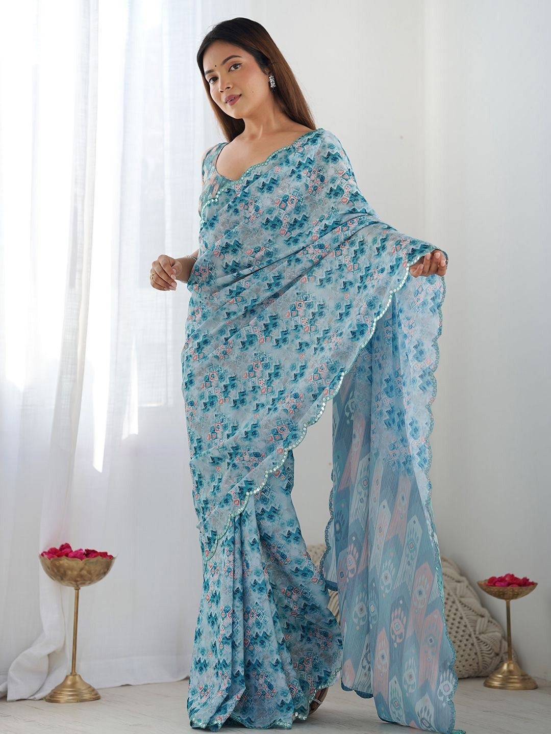 Light Blue Georgette Saree With Digital Print And Mirror Work