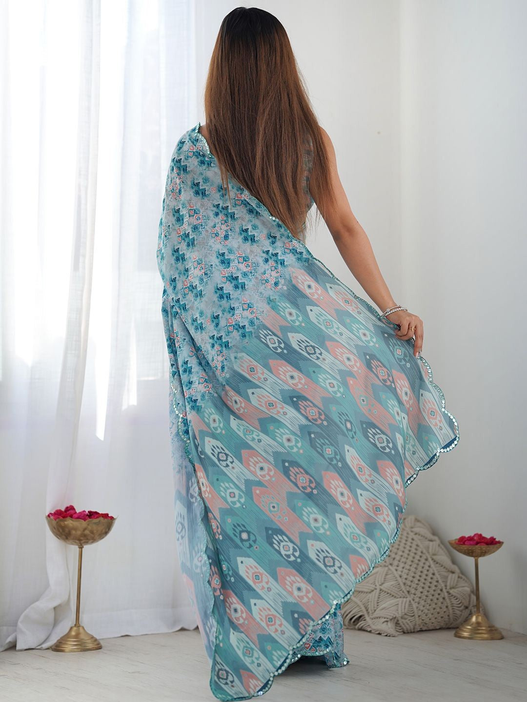 Light Blue Georgette Saree With Digital Print And Mirror Work