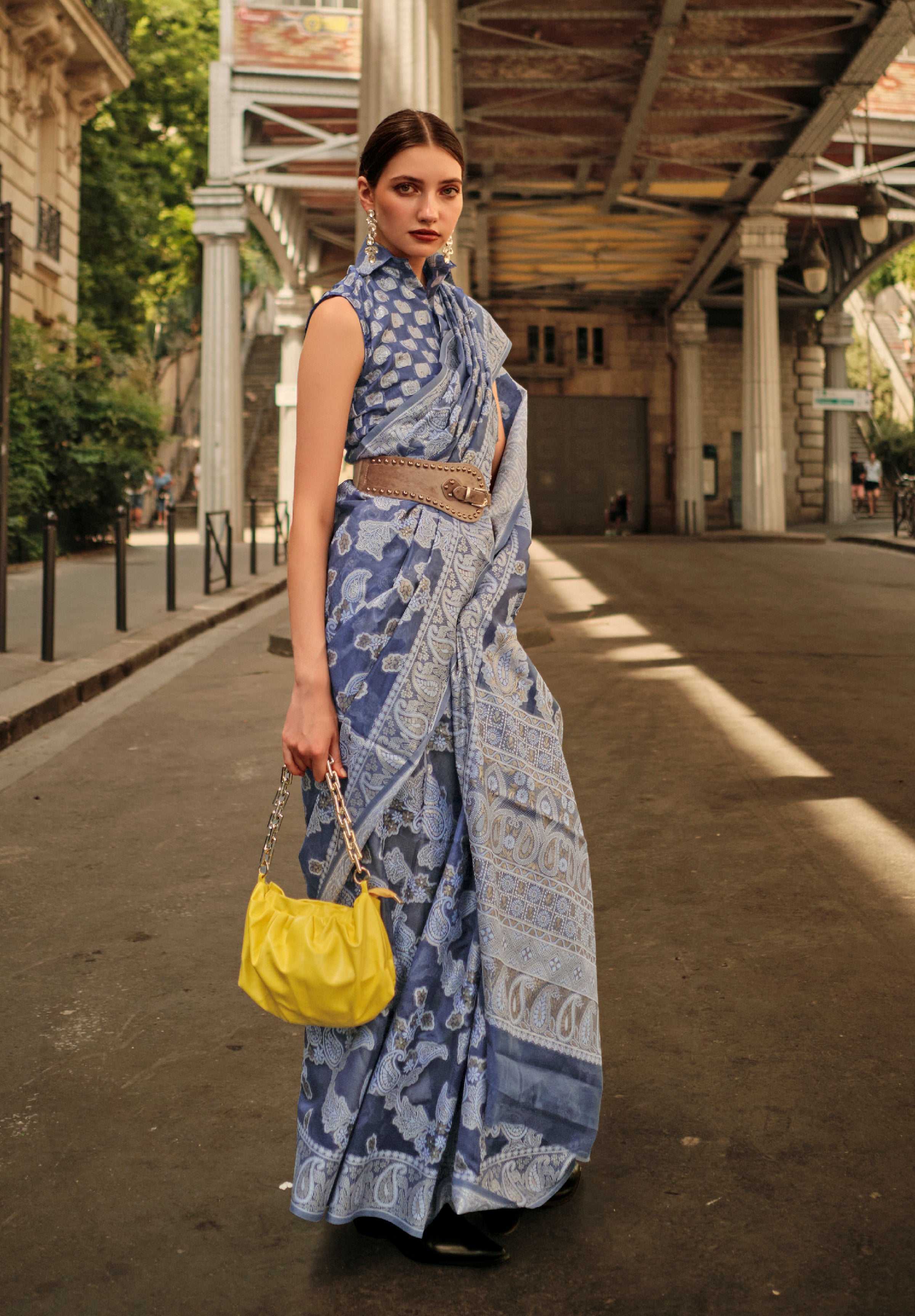 LightBlue Organza Saree With Jacquard Woven Chikankari Work