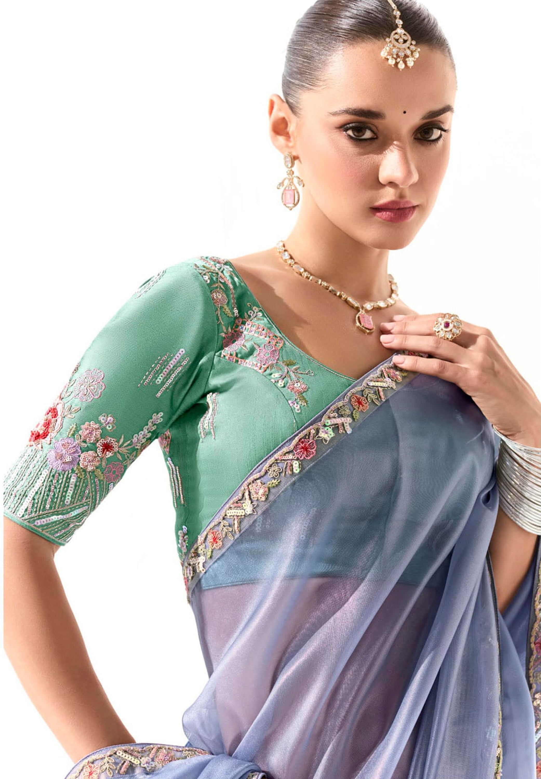 Light Blue Organza Tissue Saree With  Heavy Work Border With Embroidered Blouse