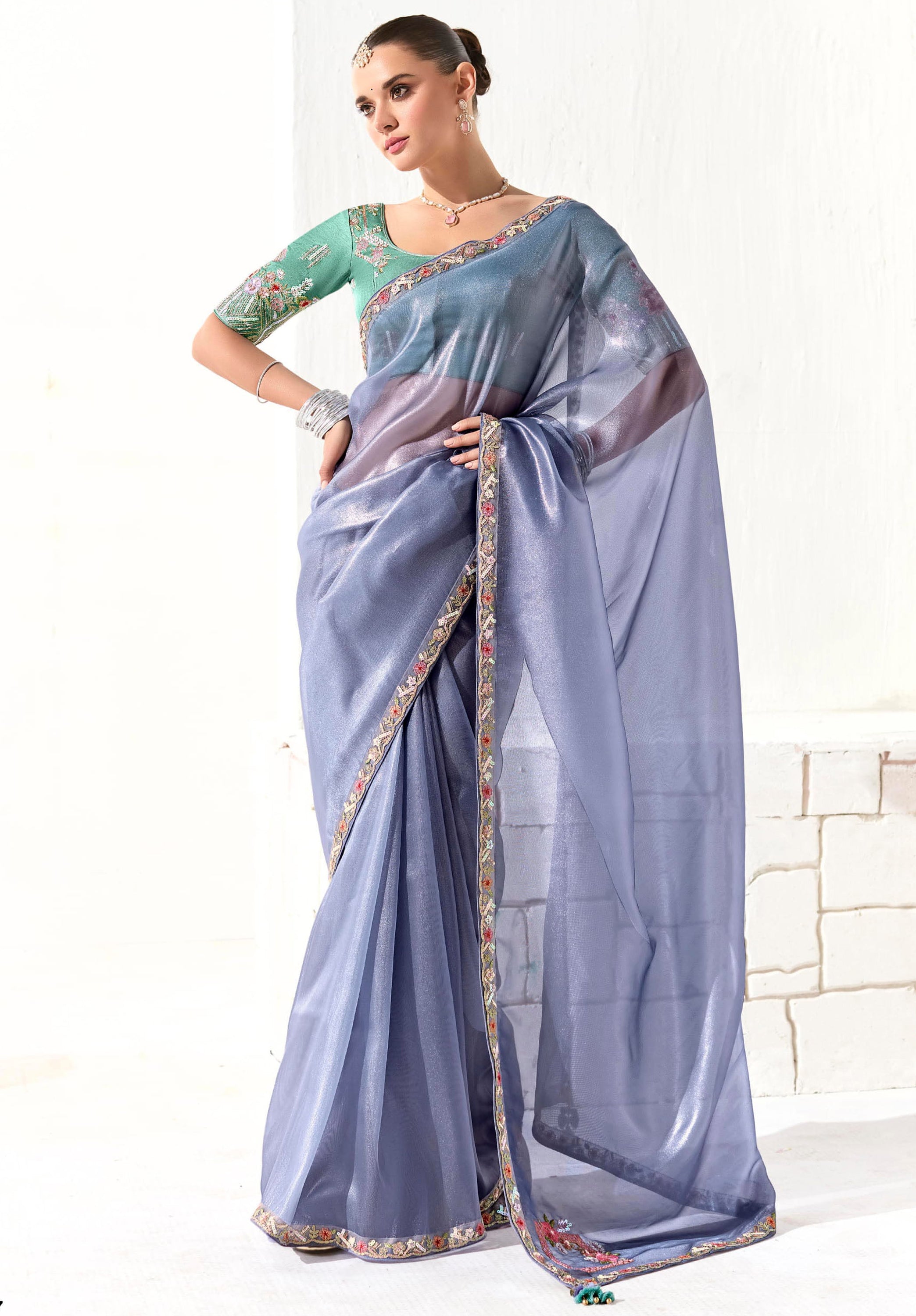 Light Blue Organza Tissue Saree With  Heavy Work Border With Embroidered Blouse