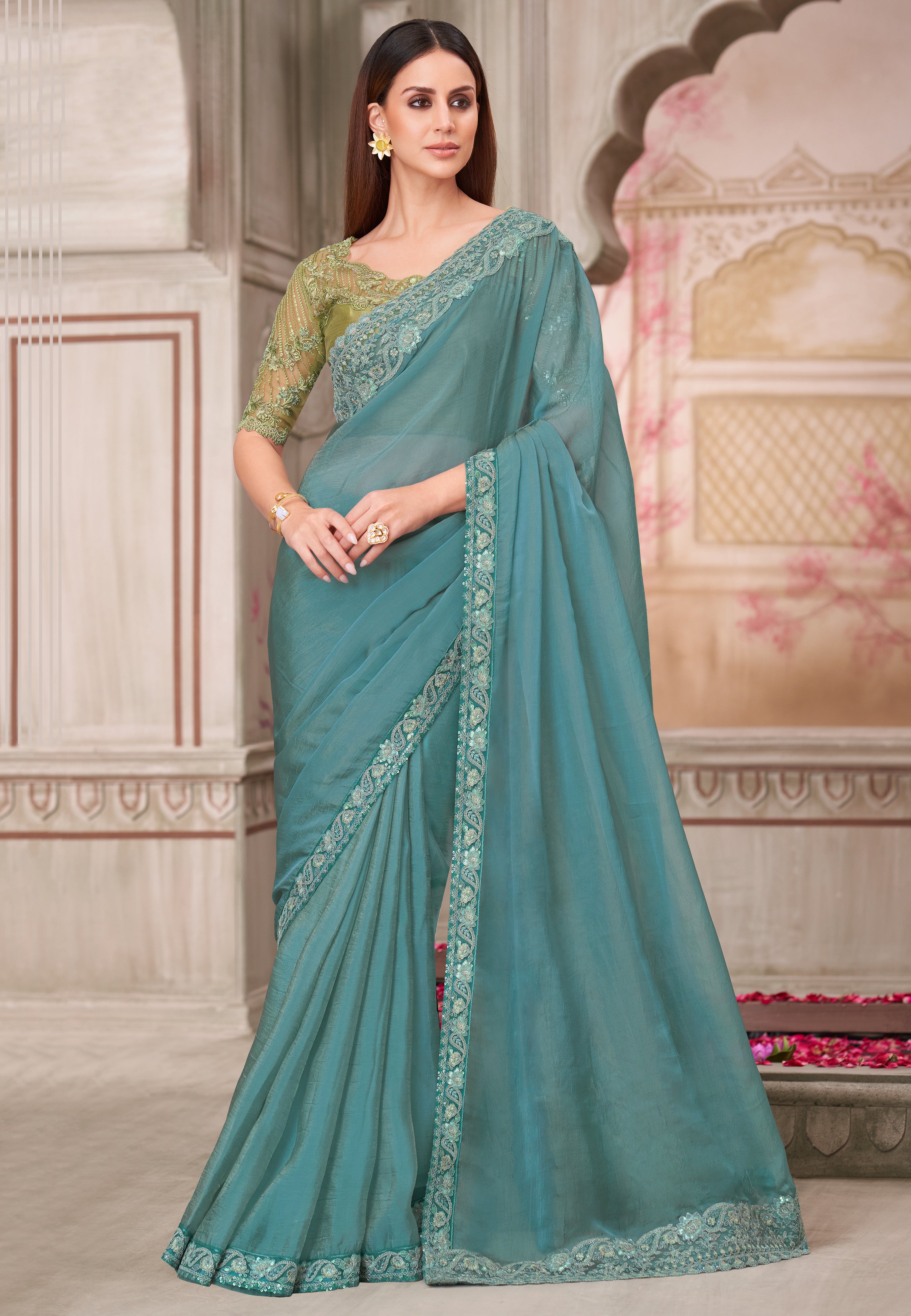 Light Blue Saree With  Heavy Thread Embroidery Sequins Border Work With Embroidery Blouse