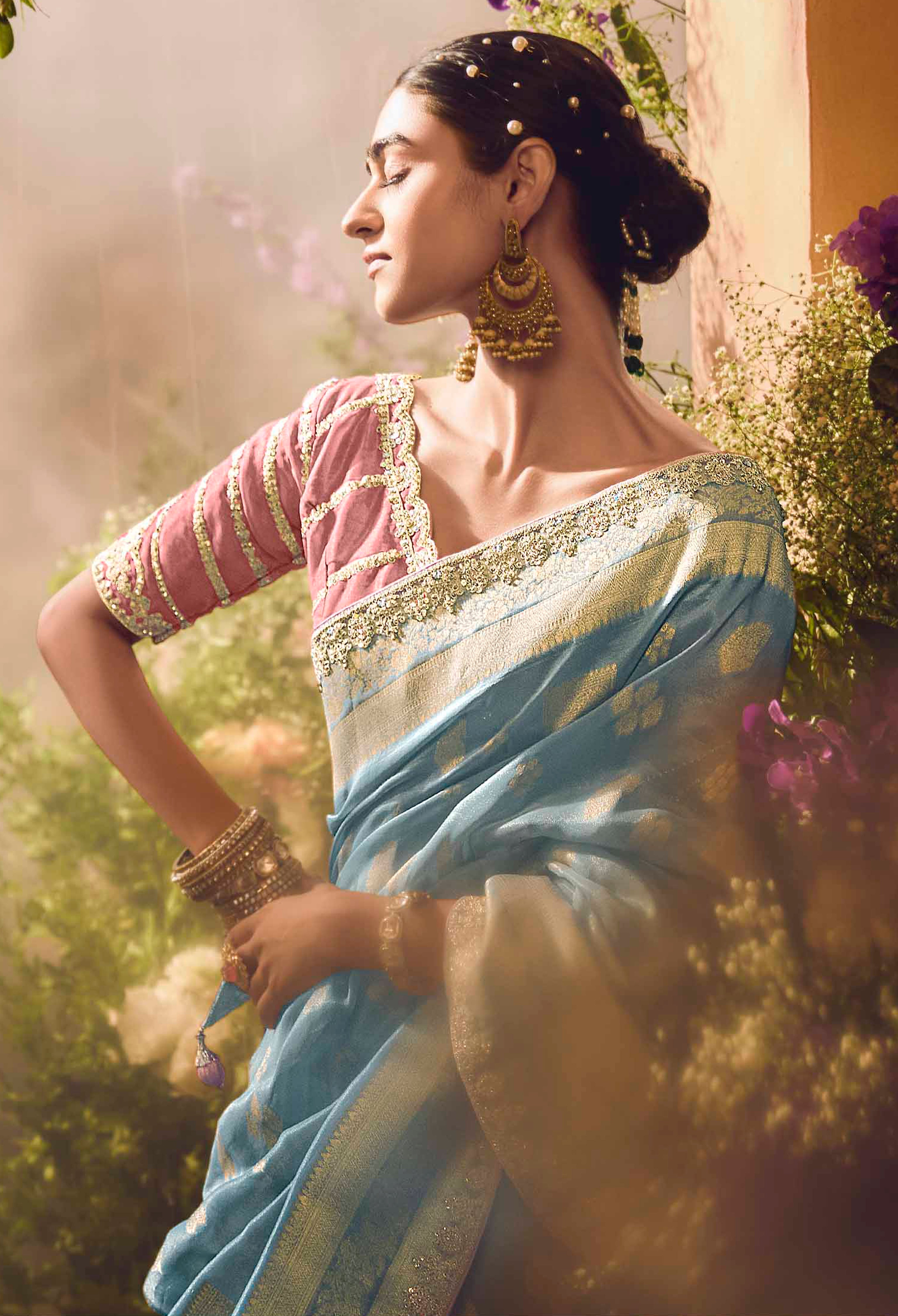 Light Blue Saree With  Jacquard Woven Work with Embroidered Lace Border