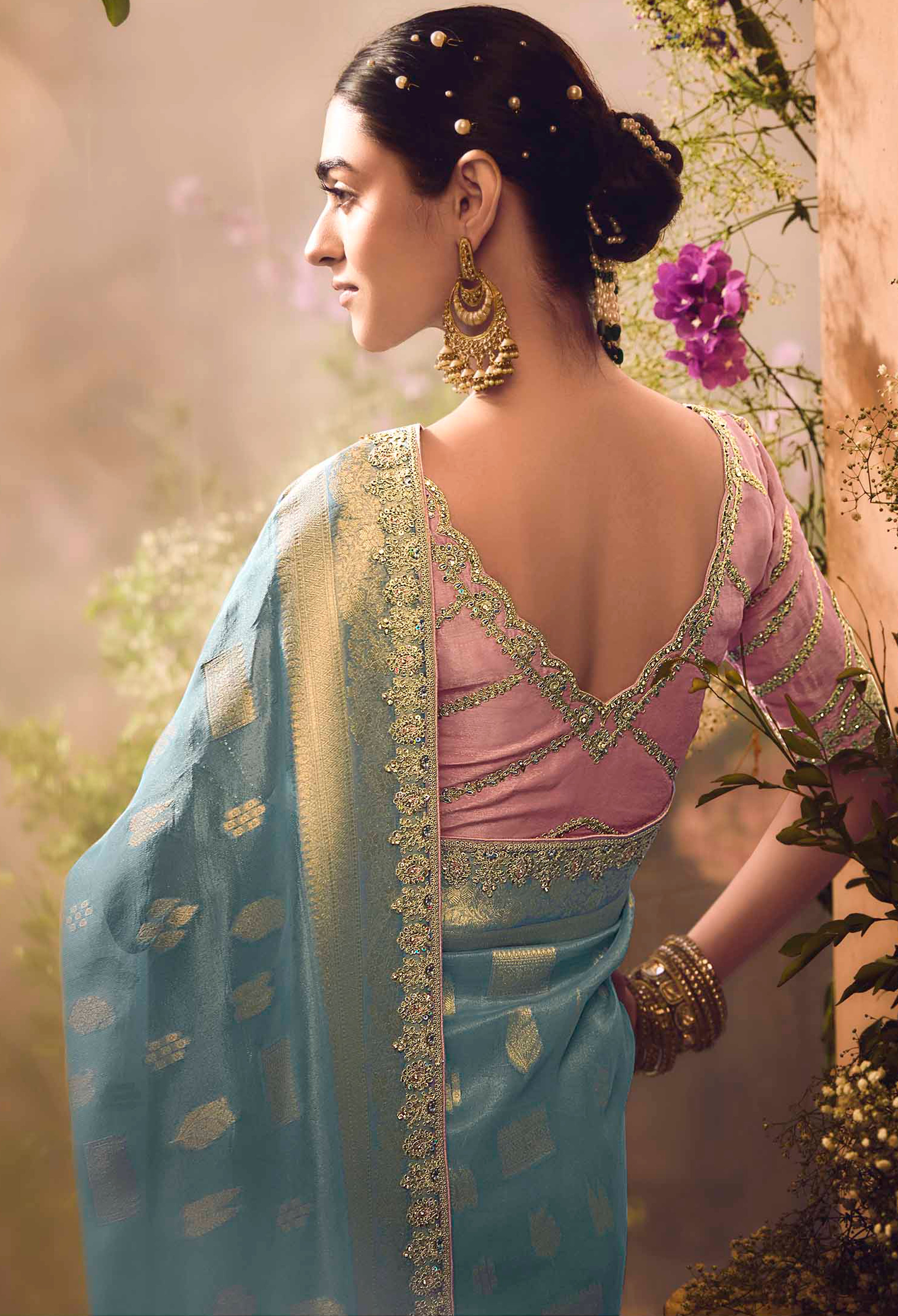 Light Blue Saree With  Jacquard Woven Work with Embroidered Lace Border