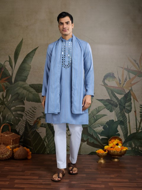 Light Blue Viscose Silk Woven & Mirror Embroidery Kurta with Dupatta